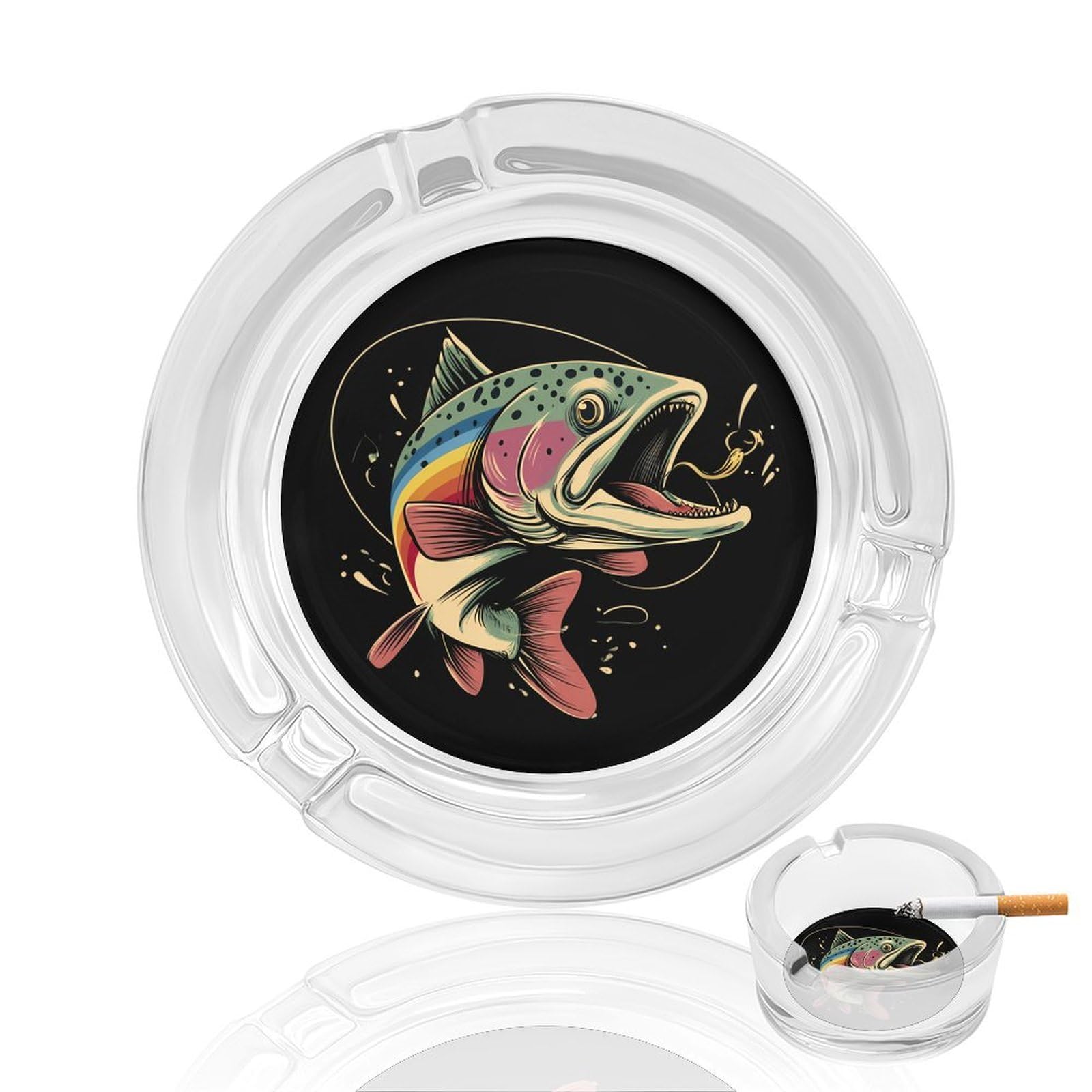 Largemouth Bass Rainbow Trout Ashtray Portable Round Glass Outdoor Ash Tray for Home Office Garden Pub