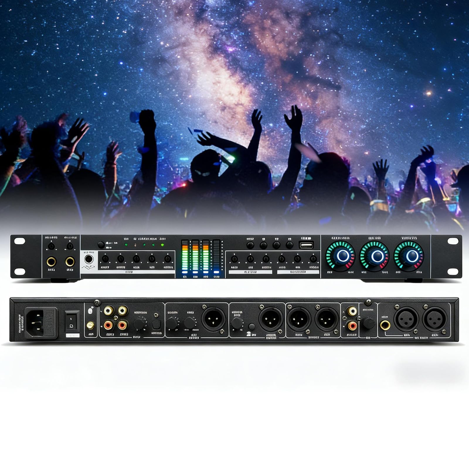 Procesador de audio digital con supresor de retroalimentación, reverberación DSP antiaullidos, reproductor MP3 Bluetooth, USB, mezclador de micrófono multicanal con efectos vocales