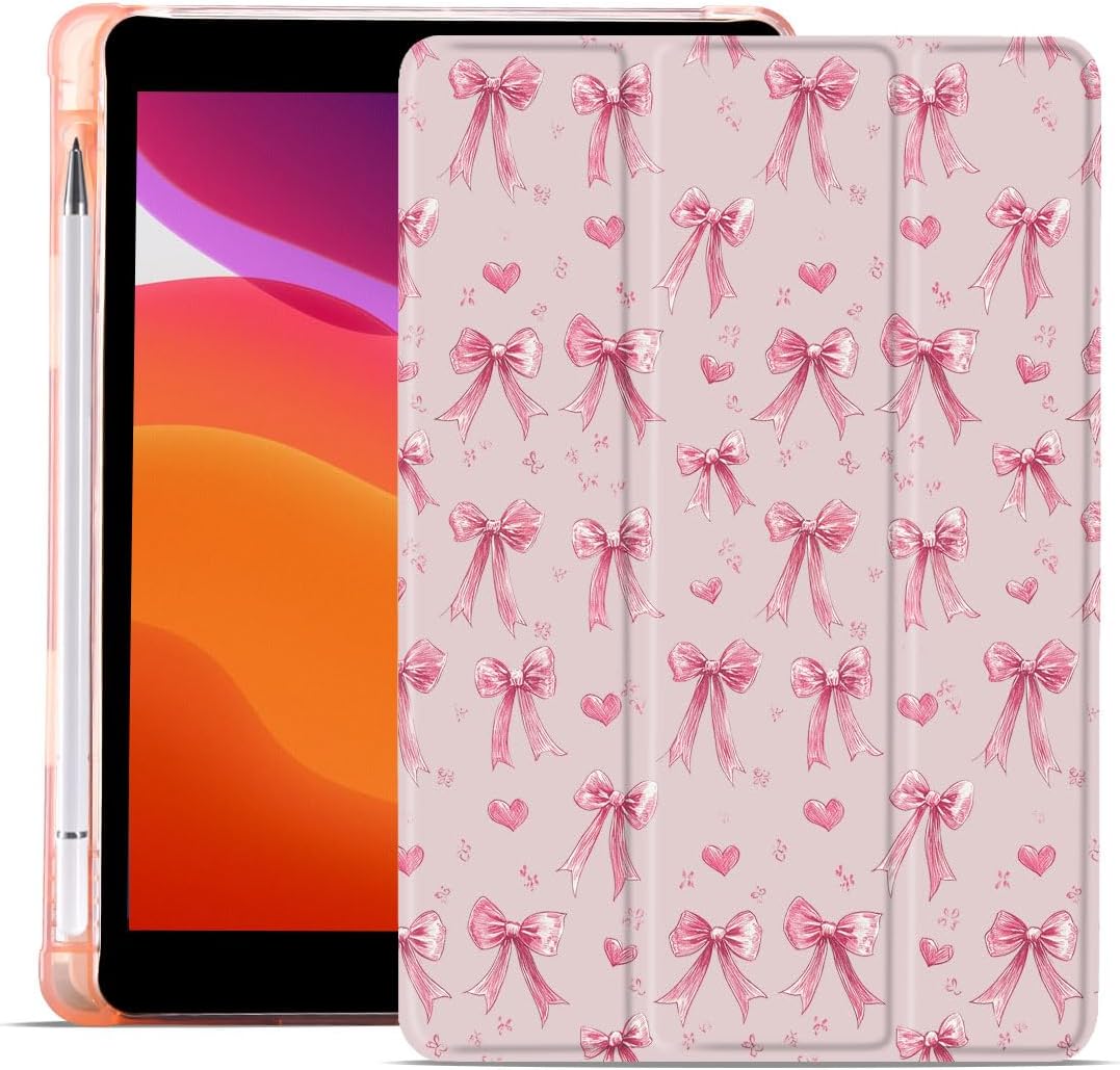 MAYCARI Pink Bows Fashion Case for iPad Pro 11 Inch Case 2022/2021/2020 with Pencil Holder, Love Hearts iPad Pro 4th/3rd/2nd Generation Soft TPU Back Protective Cover, Auto Sleep/Wake Slim Shell