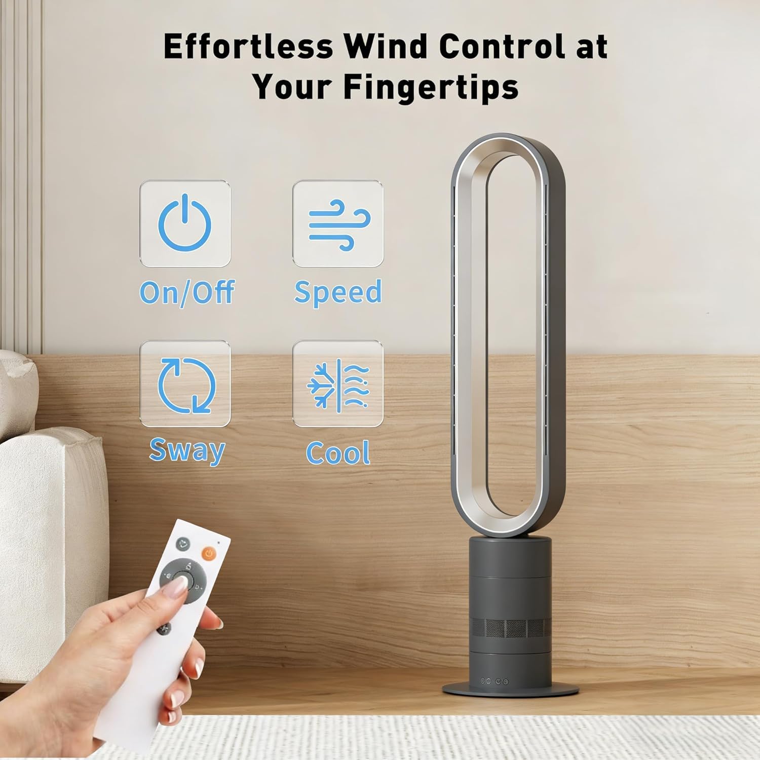 Ventilador de Torre sin Aspas con Mando, 10 Velocidades Ultra Silencioso, Oscilación 80°, Temporizador 9h, Seguro para Niños y Mascotas, Ideal Dormitorio Salón Oficina