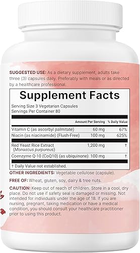 Miniatura 7 de Arroz de levadura roja de 1,200 mg con CoQ10 100 mg, 240 cápsulas vegetales  4 en 1 con niacina libre de rubor y vitamina C soluble en grasa  Apoyo