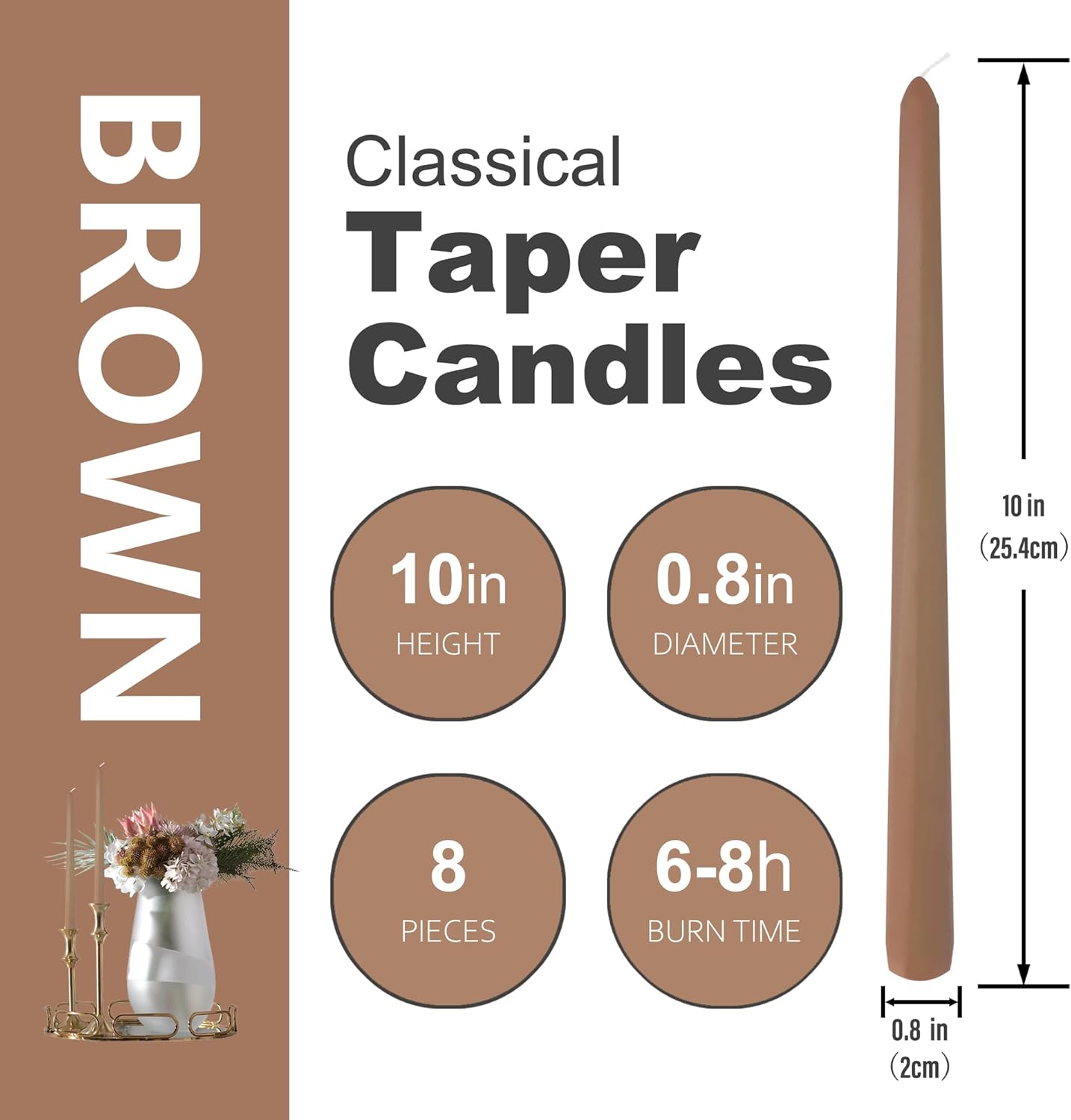 8 Pack 10 Inch Brown Taper Candles for Dinner Home Decor Wedding Shower