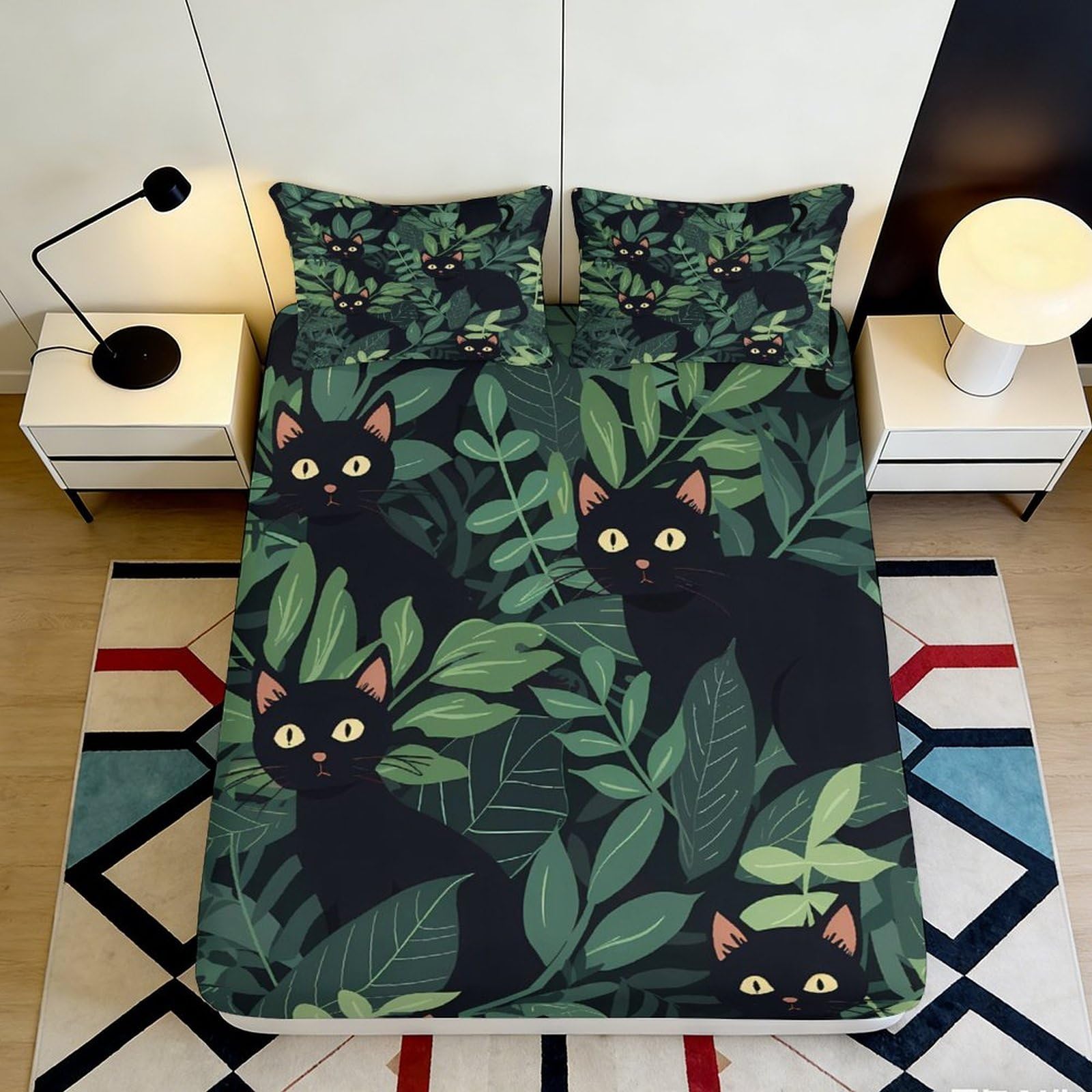 3D Printed Black Cat Leaves Fitted Sheet Microfiber Soft Breathable Green Foliage Bed Cover for Bedroom Dormitory Guest Room Mattress Protection 160x200x25cm