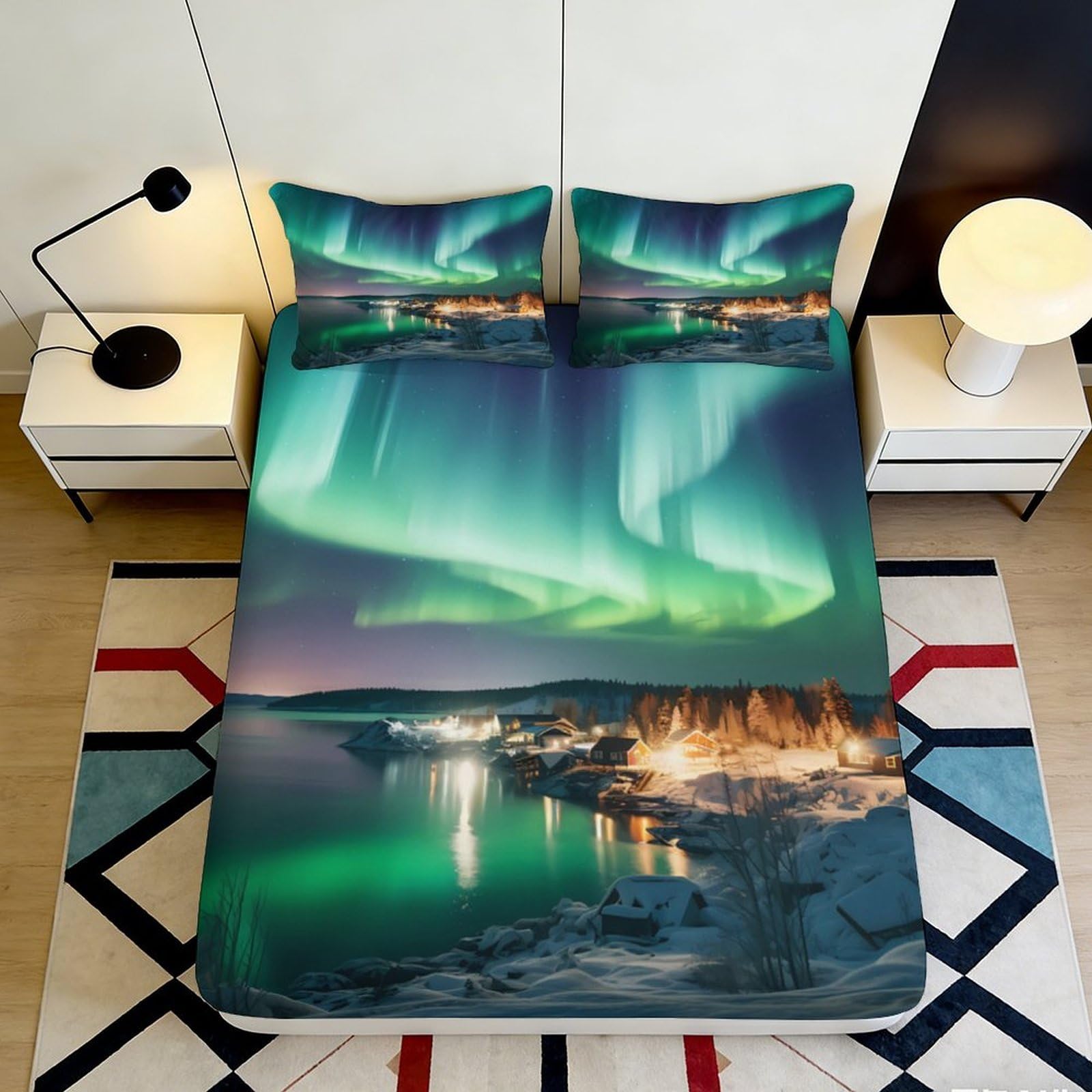 3D Printed Northern Lights Fitted Sheet Microfiber Soft Breathable Aurora Mattress Cover for Bedroom Dormitory Guest Room Mattress Protection Decor 160x200x25cm