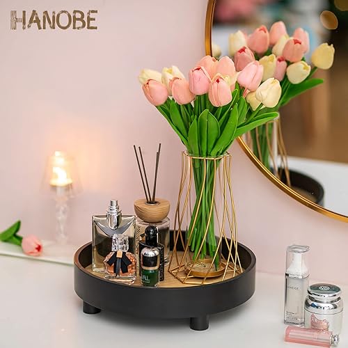 Vista 9 de Hanobe Bandeja decorativa redonda para baño: Bandejas grandes para decoración de tocador para dormitorio, soporte de pedestal circular negro de 12