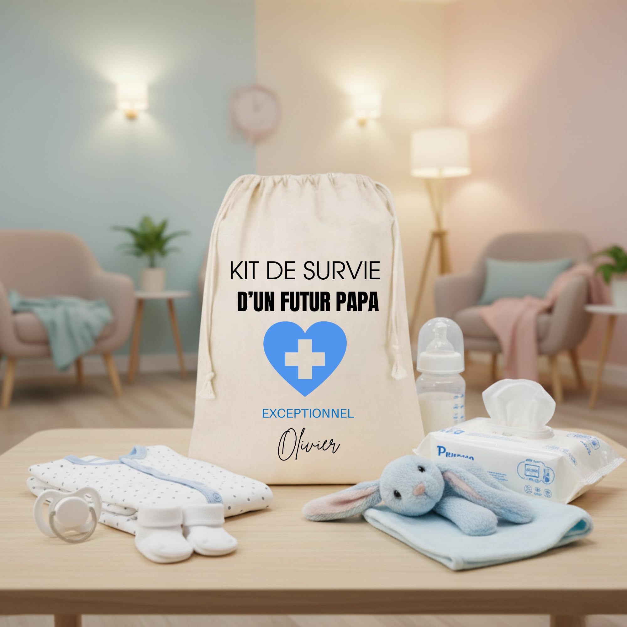 Kit de Survie Futur Papa Personnalisé avec prénom, Pochon Cadeau 34 x 23 cm