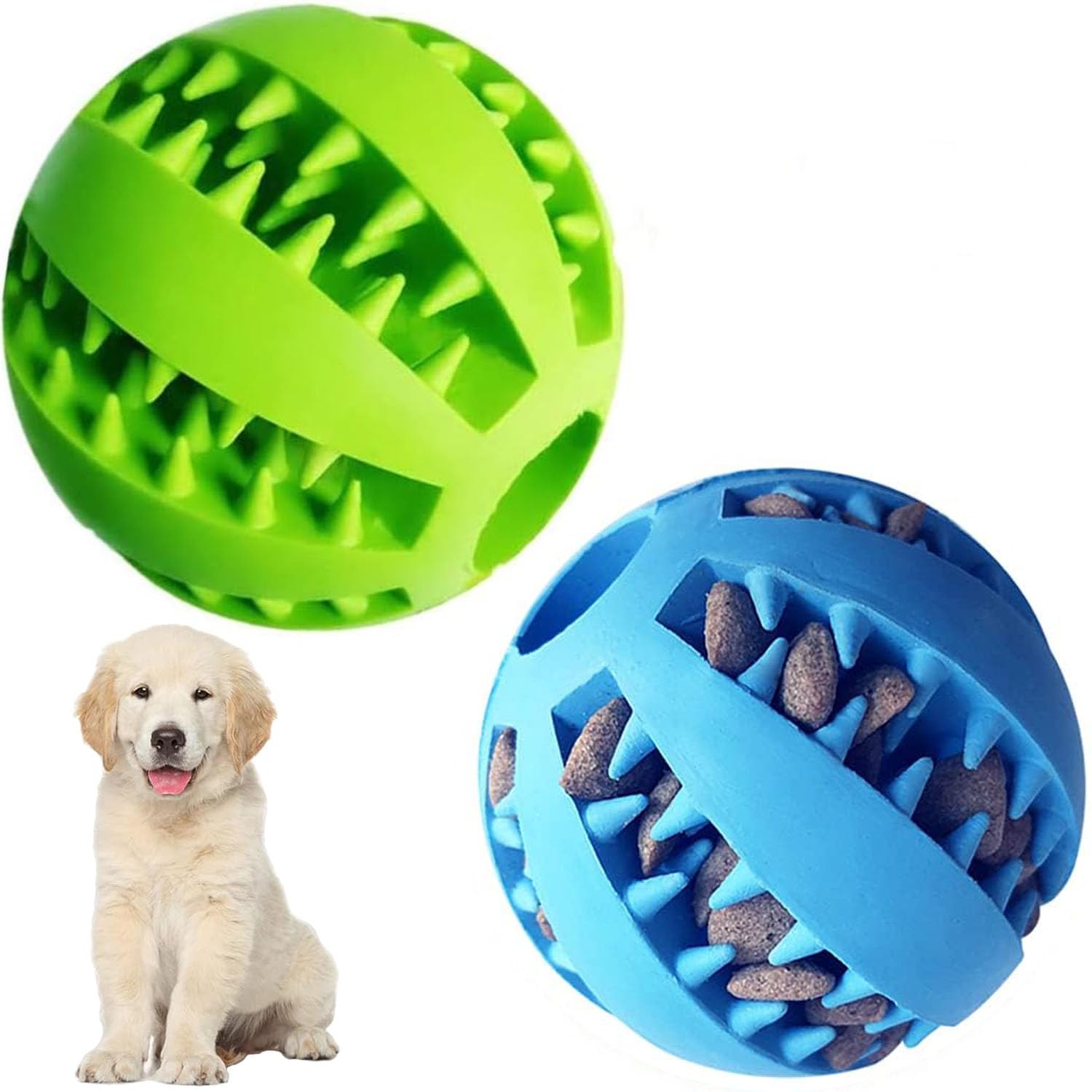 2 Pack Interactive Dog Toys for Treat Dispensing Squeaky Teething Chew Balls Dog Treat Ball for Small Dogs Clean Teeth & Training (Blue + Green)