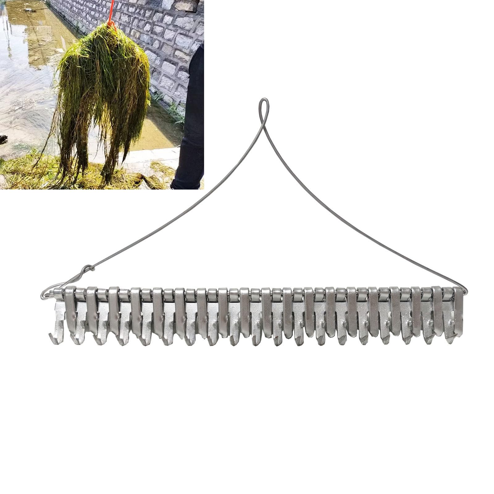 16" Pond Rake,Weed Removal Tool, 50ft Thicker Rope，Double Sided Weed Cleaning Tool Rake，or Pond, Lake, Rivulet