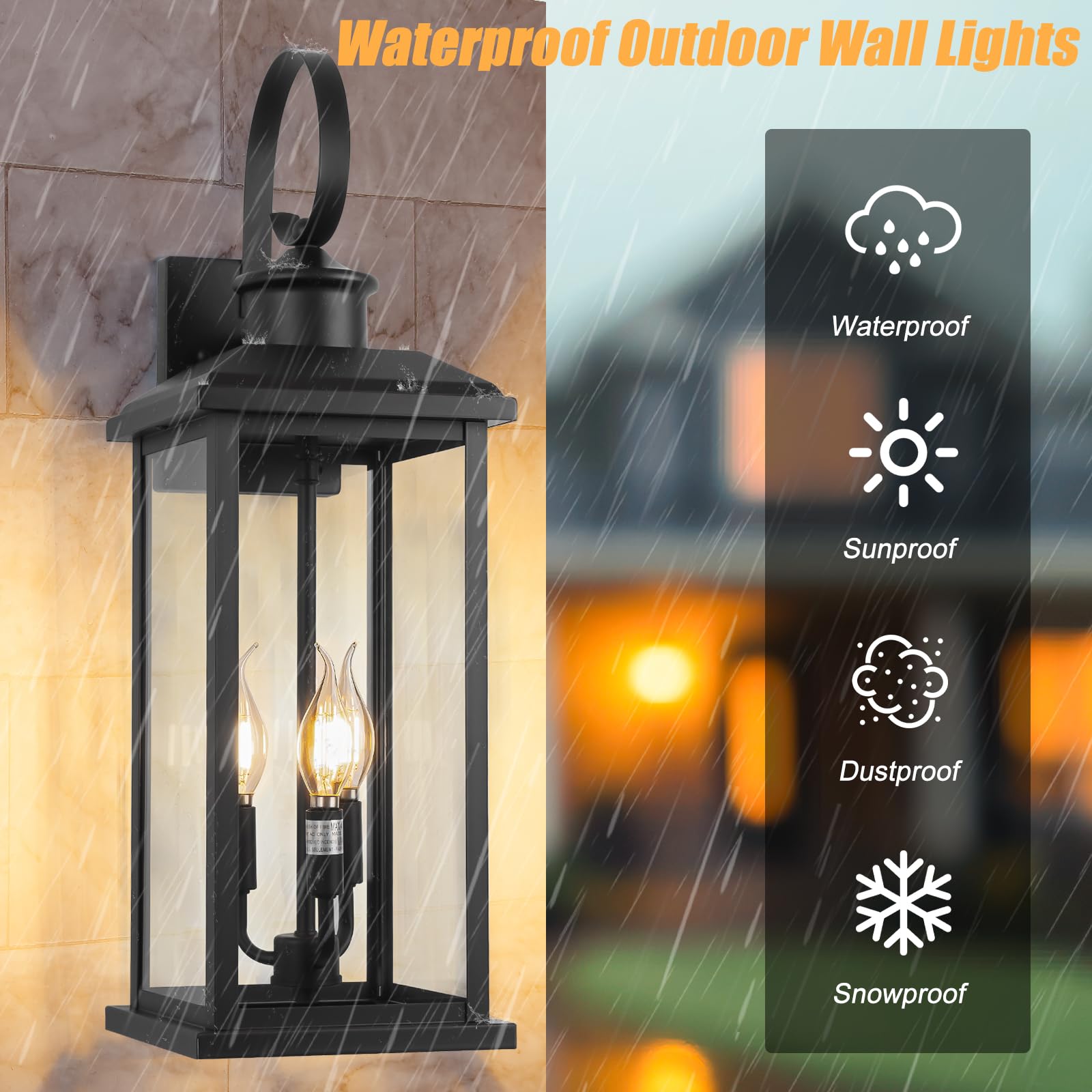 24 Extra Large Outdoor Wall Light Fixture 2-Pack Black 3-Light Modern Porch Lantern Waterproof Exterior Lighting Sconce Wall — view 6