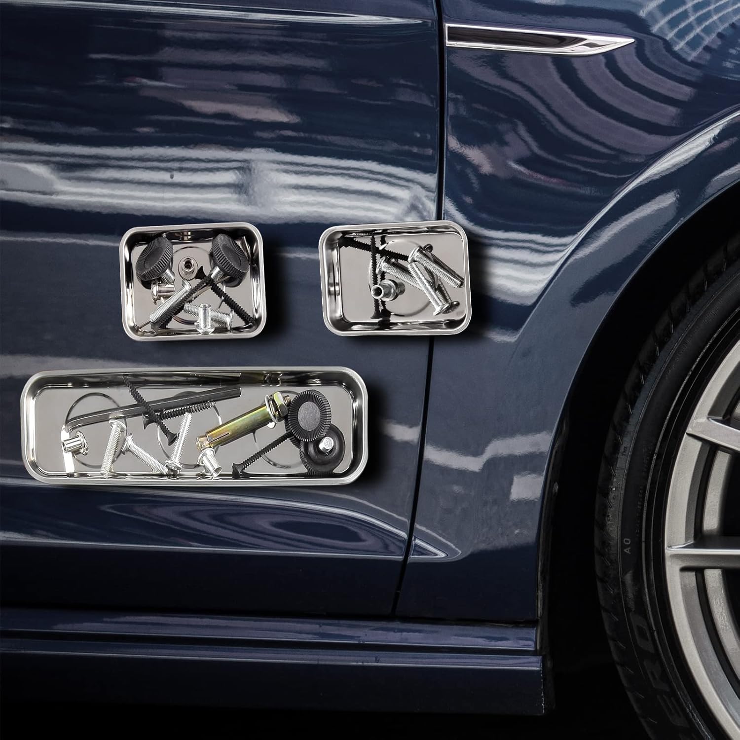 3 Pieces Magnetic Trays Bundle 8.9" and 2 Pieces 3.7" Rectangle with 5LBs Telescoping Magnetic Pick-up Tool Set