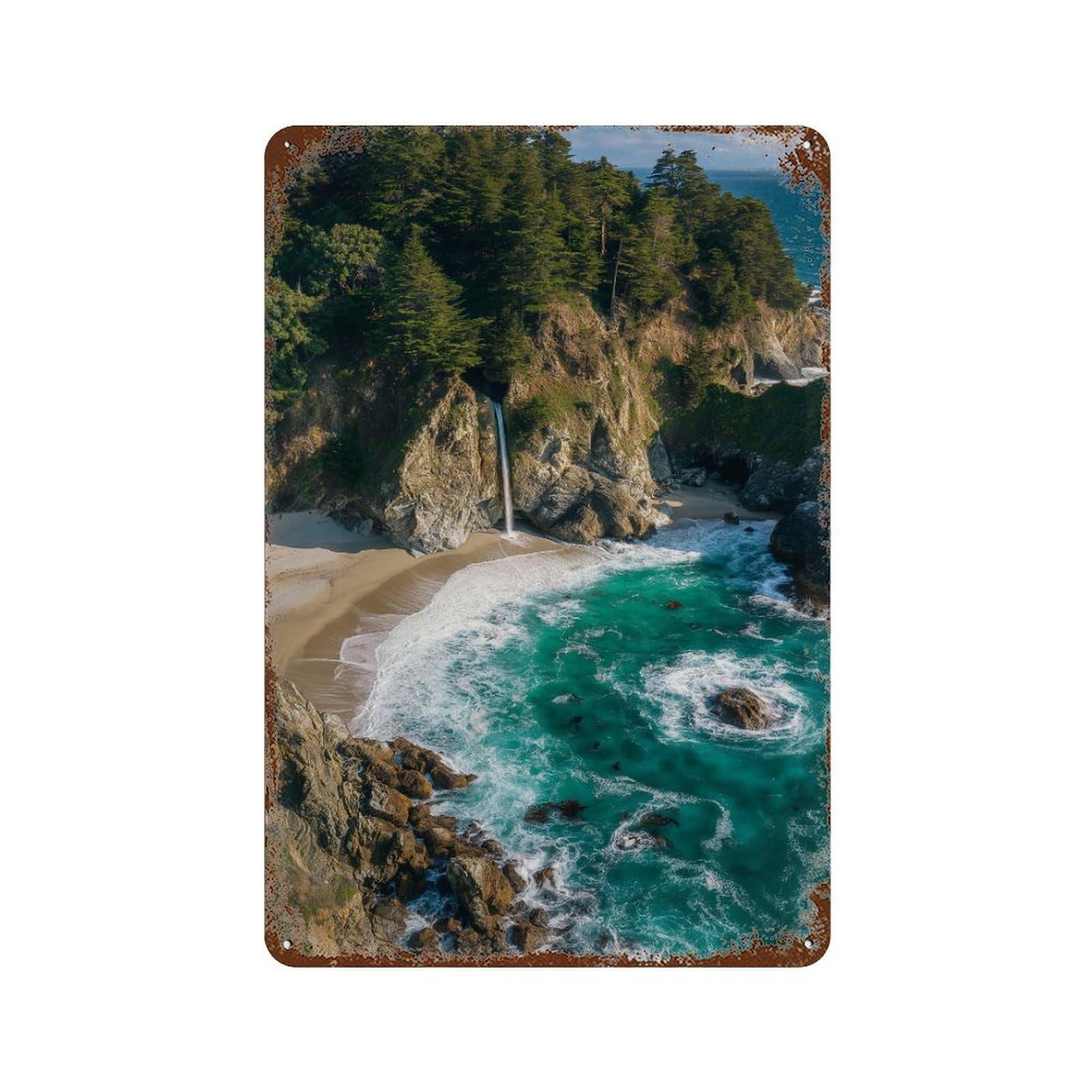 Rust Effect Amazon Rainforest Waterfall Beach Rustic Tin Plaque 11.8"x7.9", Classic Wall Plaque for Shed, Workshop And Garage Wall Decor