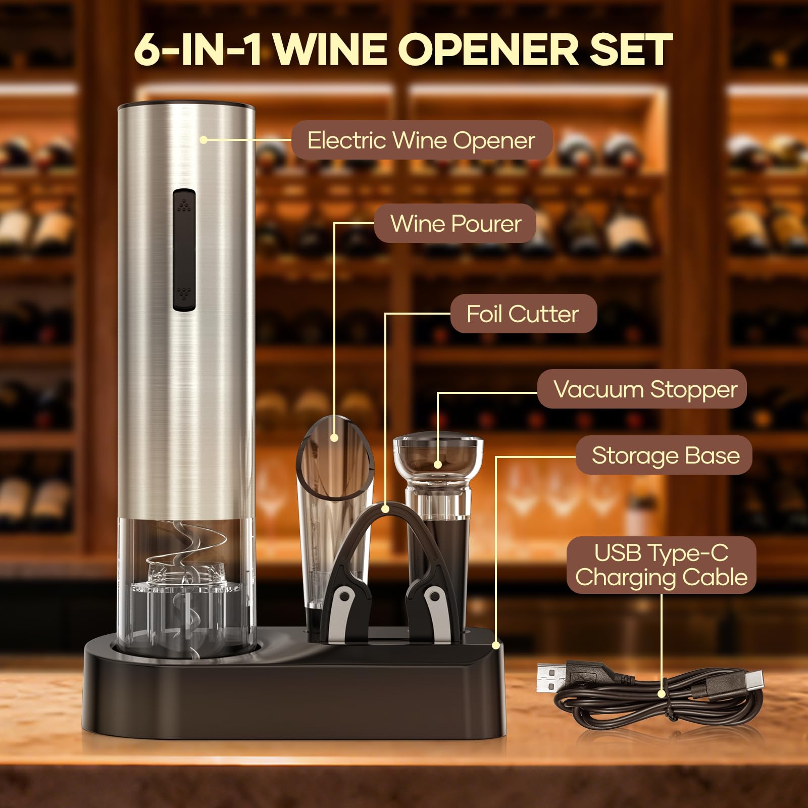 Cavatappi Elettrico Automatico 6-in-1, Apribottiglie per Vino con Tagliacapsule, Pompa a Vuoto e Versatoio, Ricaricabile USB