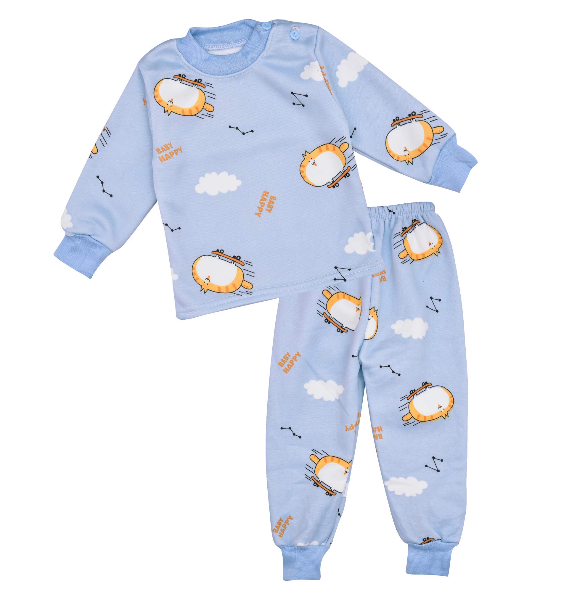 MUMMMIA Baby Boys, Baby Girls, Unisex Baby Sweatshirt & Pajama Winter Set with Thick Velvet Lining (Skate CAT-Blue, 0-6 Months)