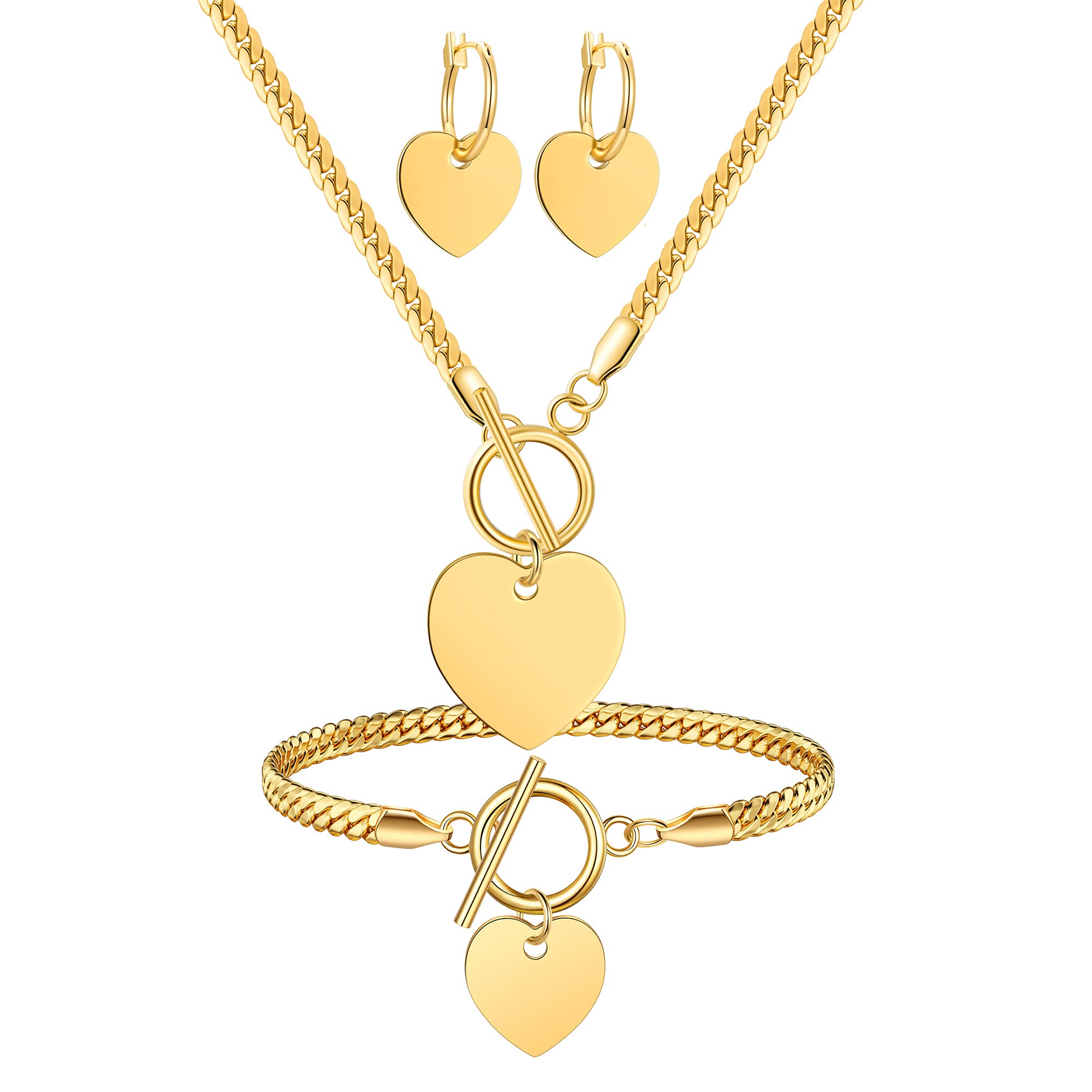 CLASSYZINTHeart Pendant Necklace and Bracelet Toggle Chain Heart Hoop Dangle Earrings 14k Gold Plated Stainless Steel Gold Jewelry Set for Women Men,with Box Gift.