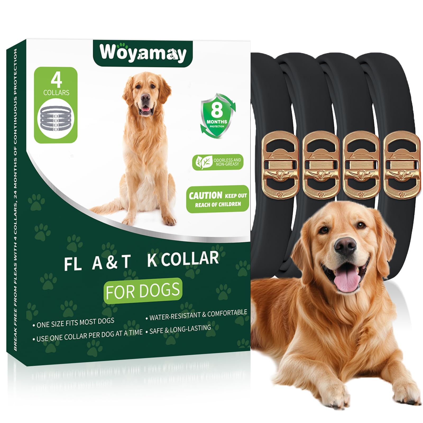 Woyamay Collar Antipulgas Perros, 4 Pcs Collar Antiparasitario Perros, Eficaz Collar Perro Antiparasitario, Impermeable Anti Garrapatas para Perros De Todos Los Tamaños, Negro