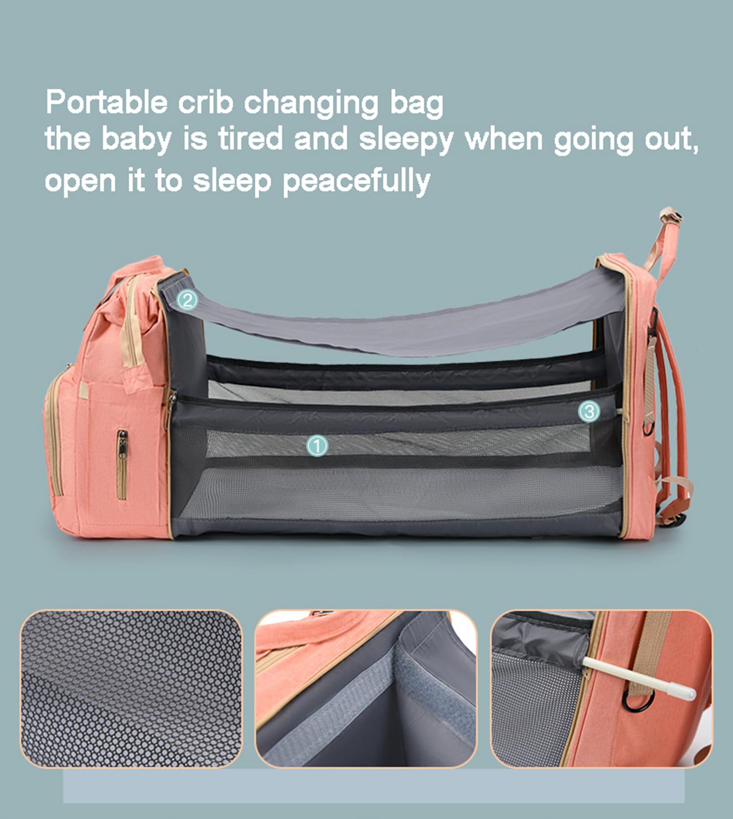 Mochila para pañales con cambiador, cambiador, puerto de carga USB, bolsillos aislados, correas para cochecito