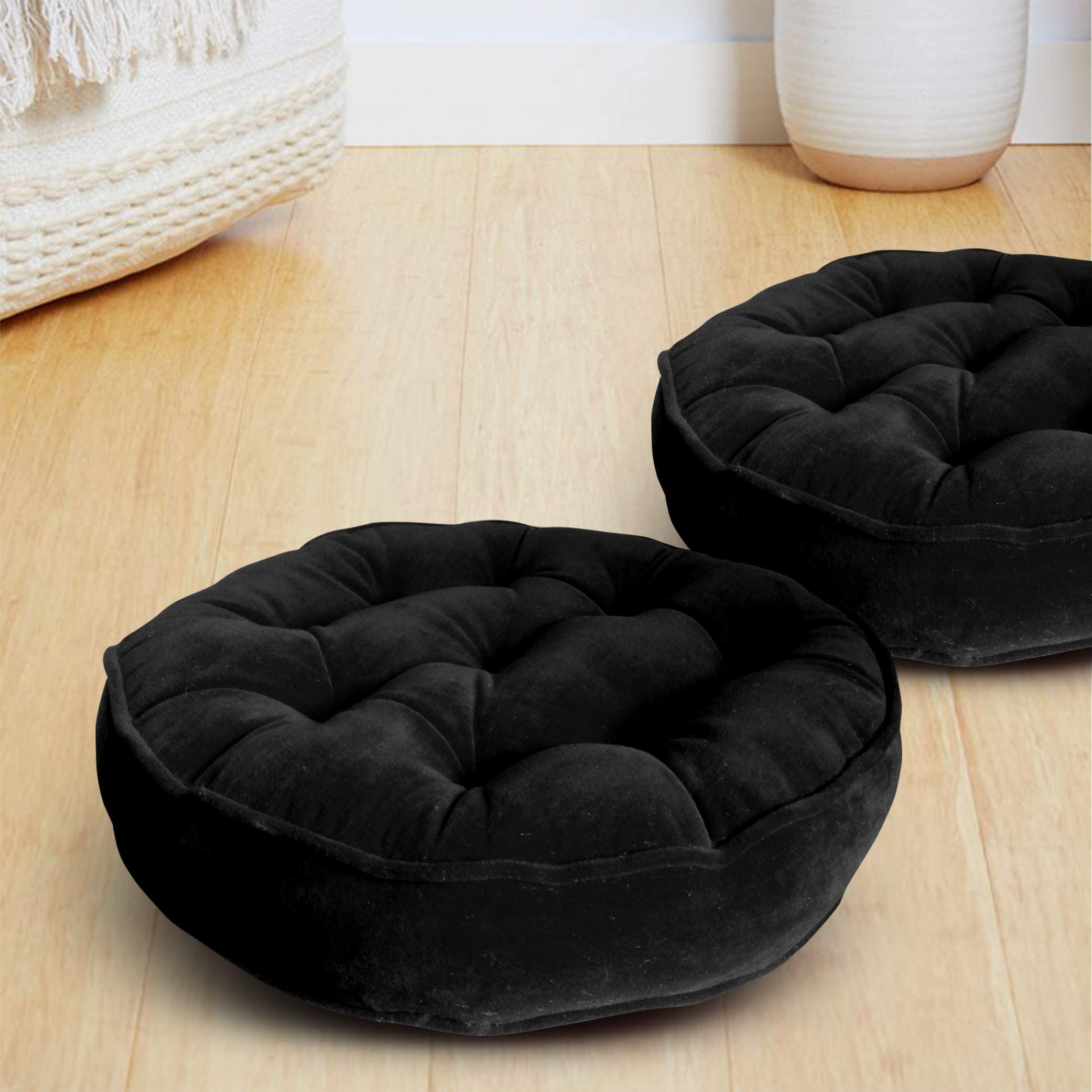 MeeFactory Velvet Floor Sitting Round Cushion Pillow for Home, Tub, Car, Office, Chair, Balcony, Bedroom, Meditation, Outdoor, 40 x 40 cm, Black, 2 Pieces