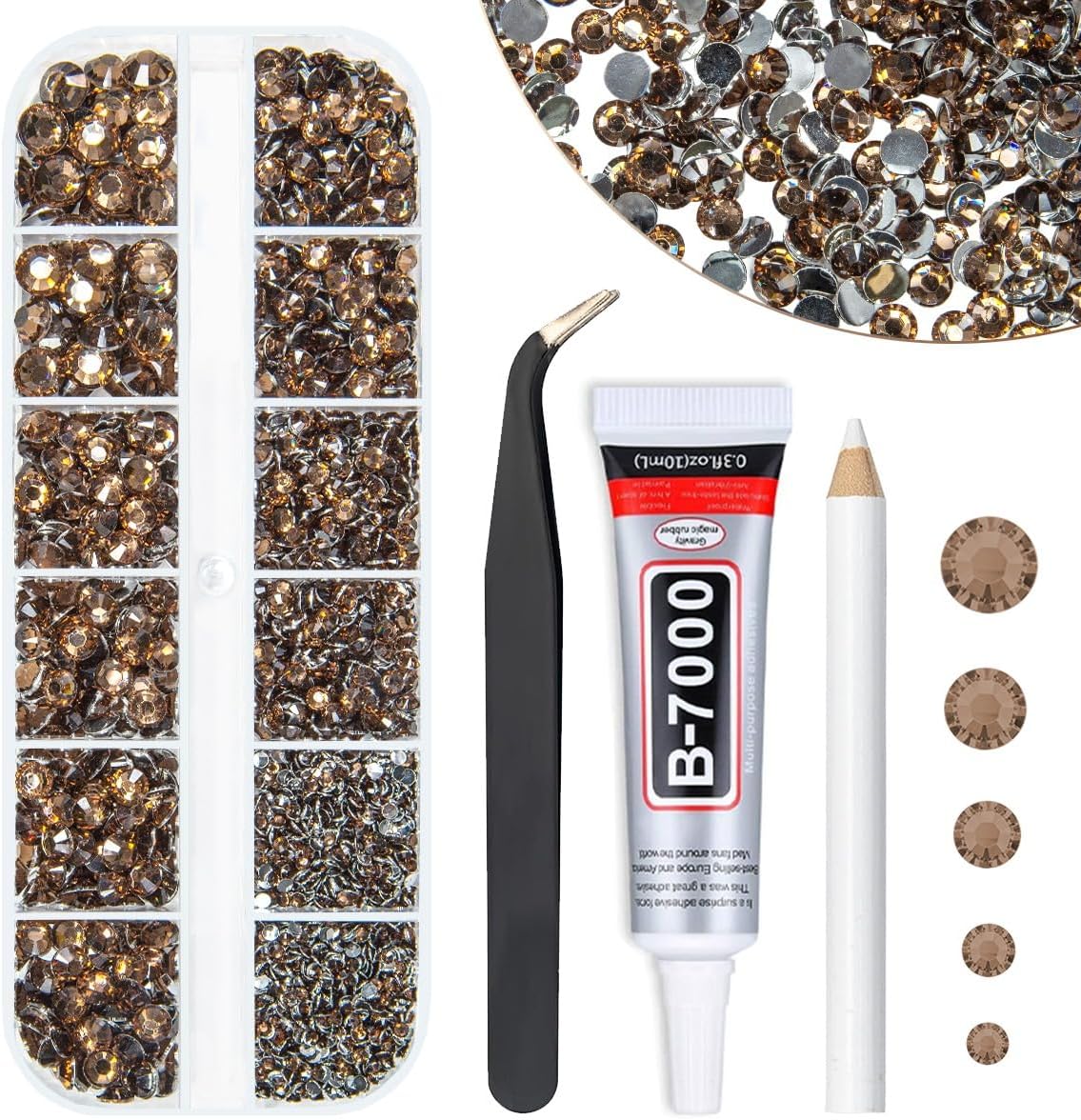 Brown Crystal Resin Rhinestones w B7000 Jewelry Glue for Bedazzling Crafting Coffee Flatback Stones 2mm 3mm 4mm 5mm 6mm Diamonds Crystals Gems Charms for Nails Face Eyes Makeup Tumblers Crafts