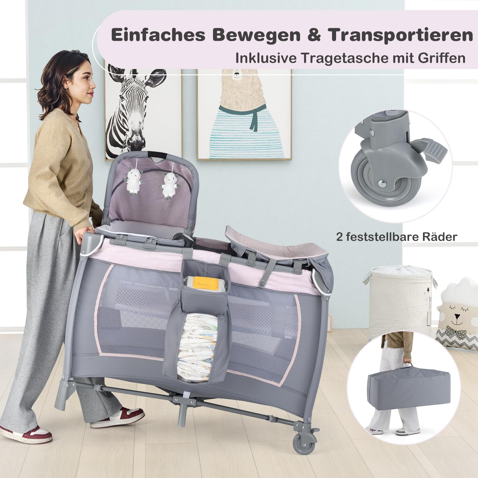 DREAMADE 5-in-1 Reisebett Baby, Beistellbett mit Matratze, Wickelauflage, Rollen & Tragetasche, Babybett mit Musikbox & Hängespielzeug, für Neugeborene und Kleinkinder (Pink)