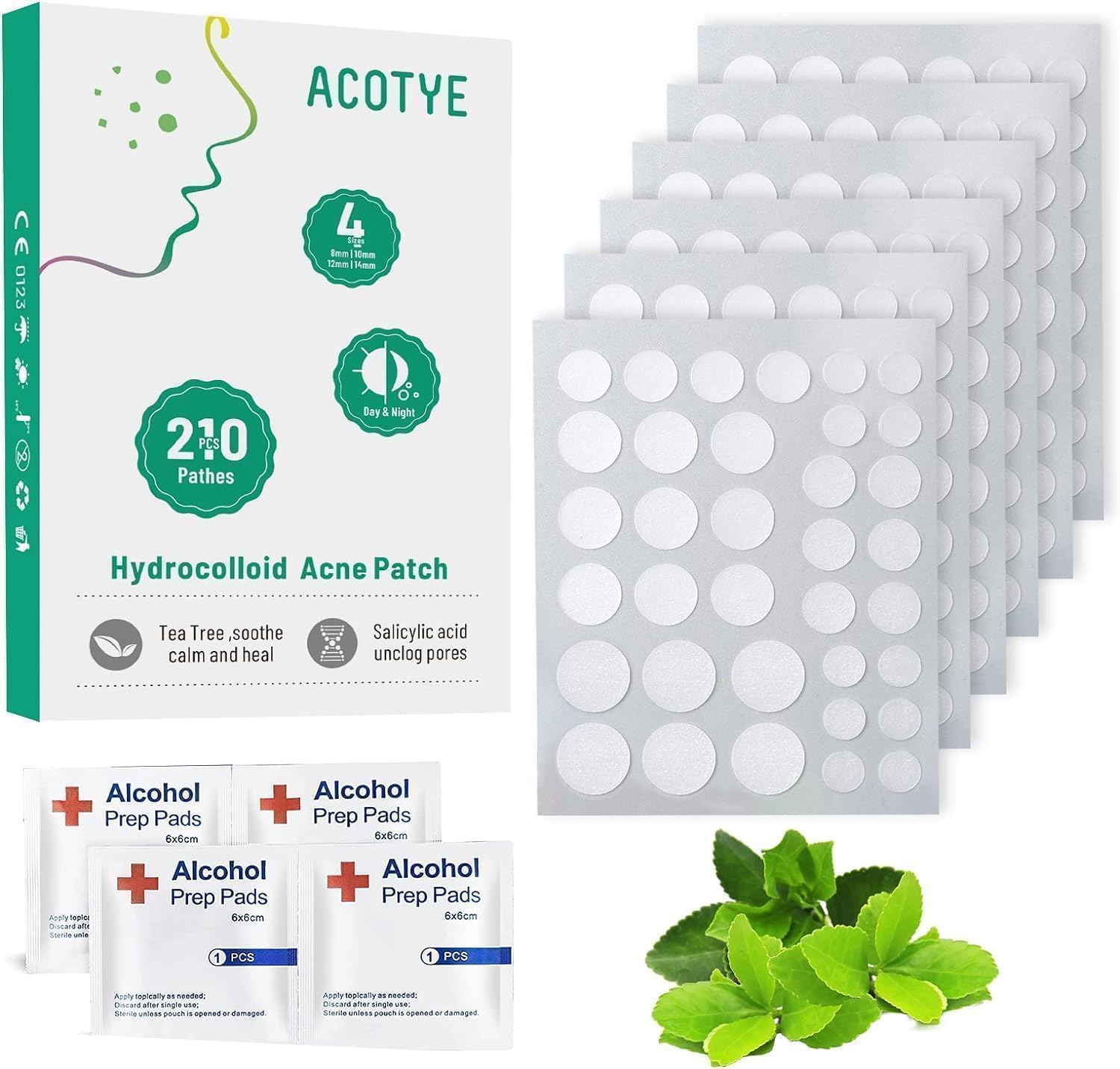 ACOTYE Anti Pickel Patch Hydrocolloid Acne Pimple Patches mit Teebaumöl, Salicylsäure und Niacinamide, Tag-und Nacht, vier Größen 8 mm, 10 mm, 12 mm, 14 mm