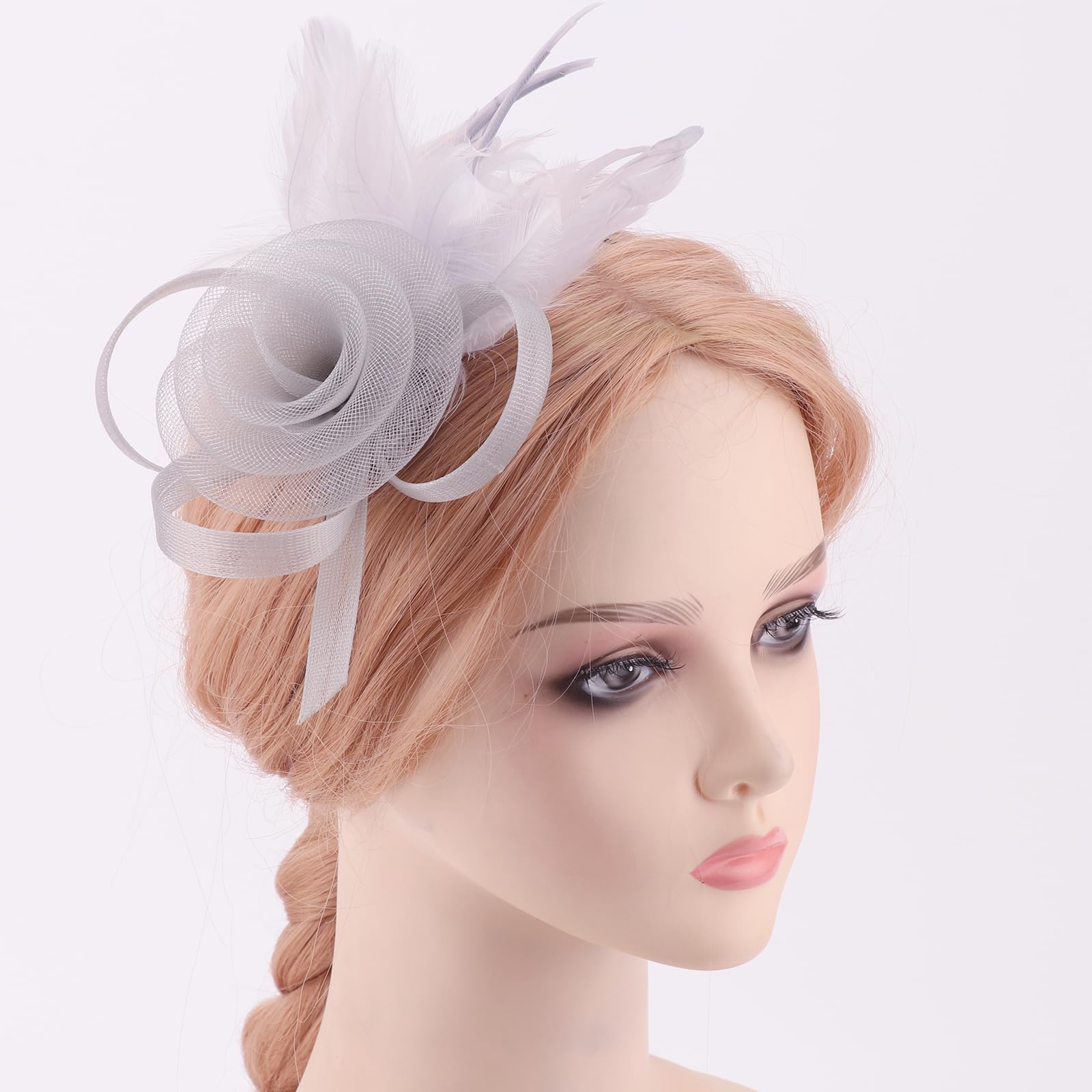 DRESHOW Fascinator Sombrero Flor de Plumas Clip de Pelo Elegante Sombrero de Malla Ideal para Fiestas, Cócteles, Bodas para Mujer