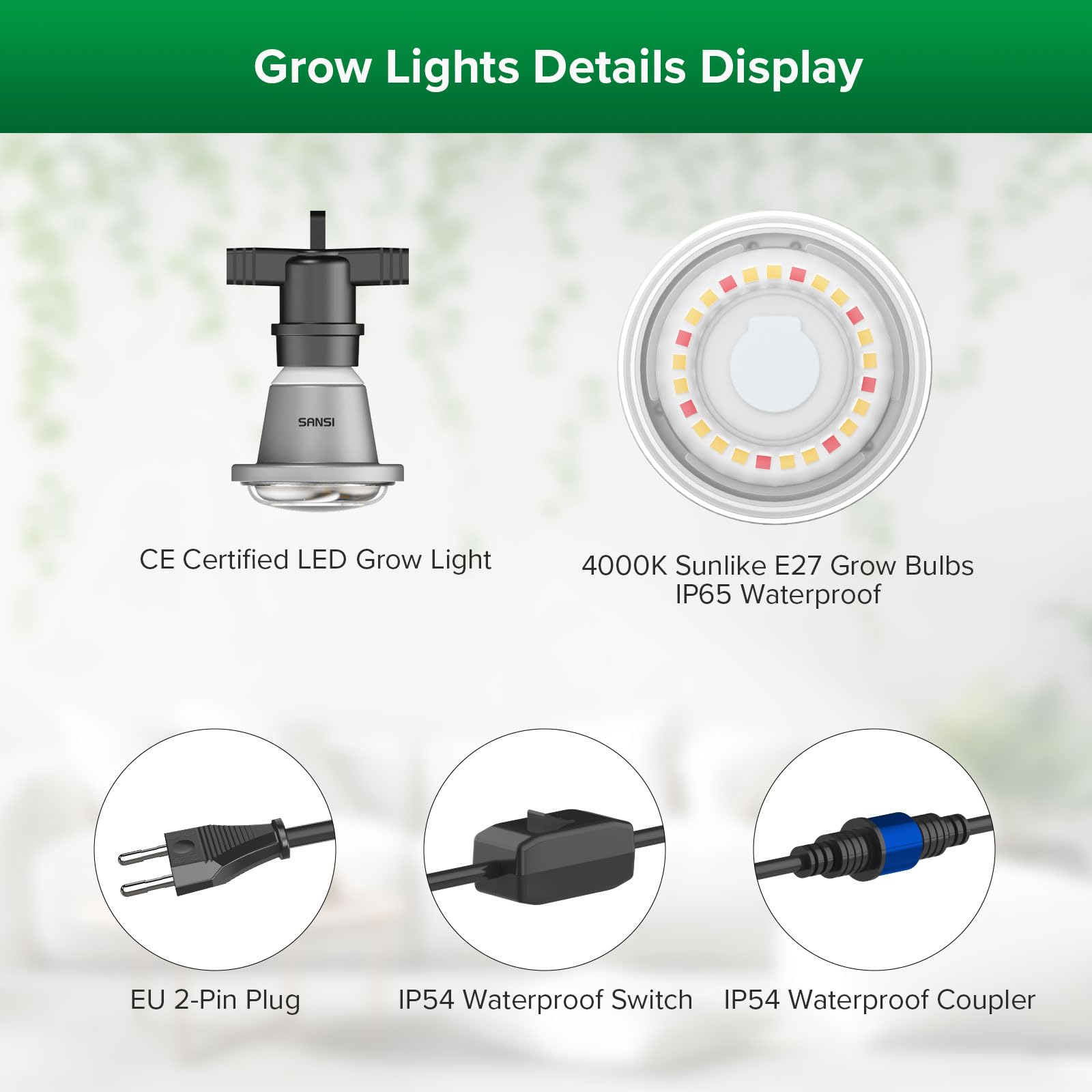 SANSI Pflanzenlampe LED Vollspektrum für Zimmerpflanzen, IP54 Wasserdichte Pflanzenleuchte Lichterkette mit 6 Stücke E27 12W Wachstumslampe Birnen für Gewächshaus, Sämling, Blumen, Gemüse (6,7 Meter)