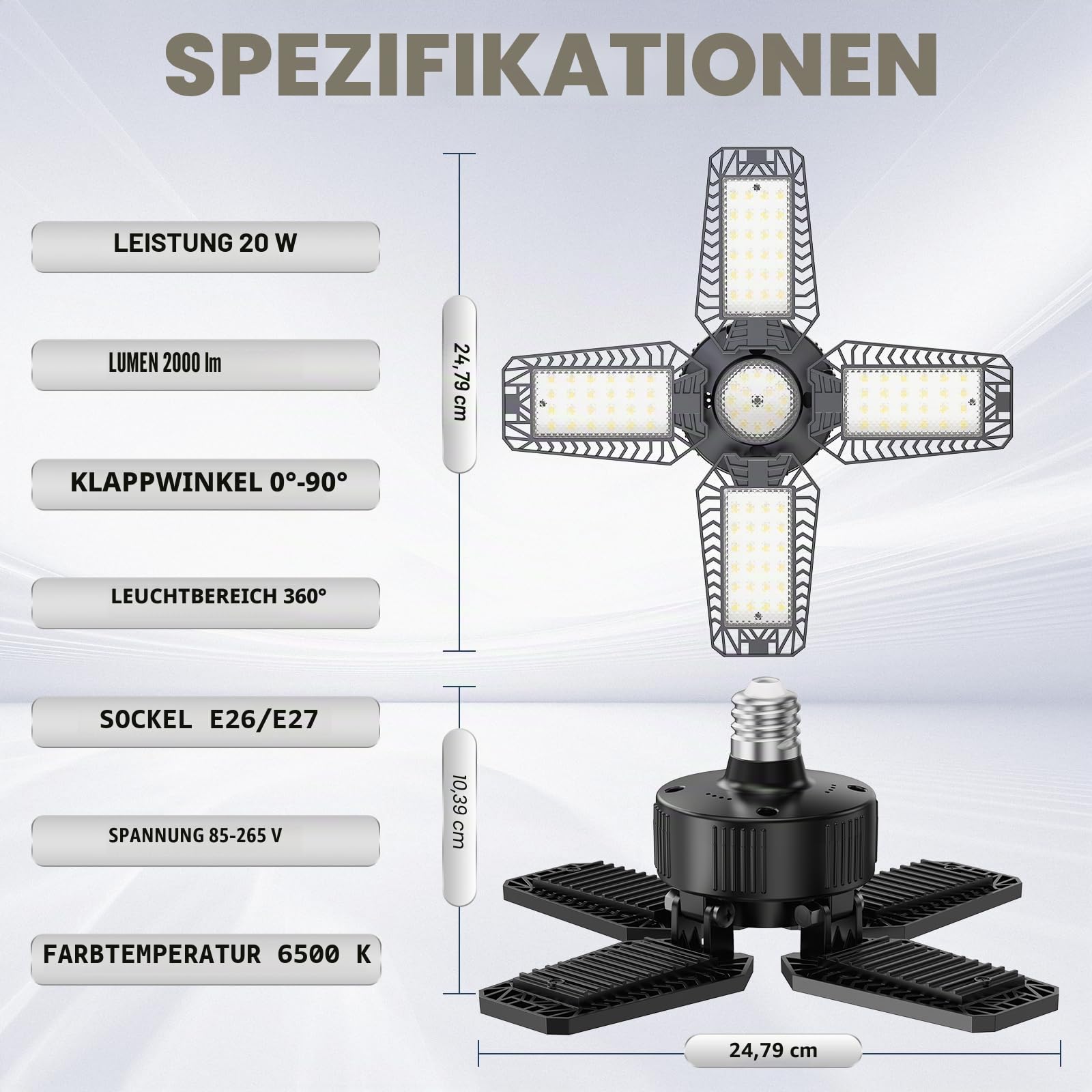 Garagenlampe LED 4 Stück 20W, 2000LM LED Garagenbeleuchtung mit 4+1 Verstellbaren Paneelen 6500K E26/E27 für Garage/Werkstatt/Keller (Äquivalent zu 120W)