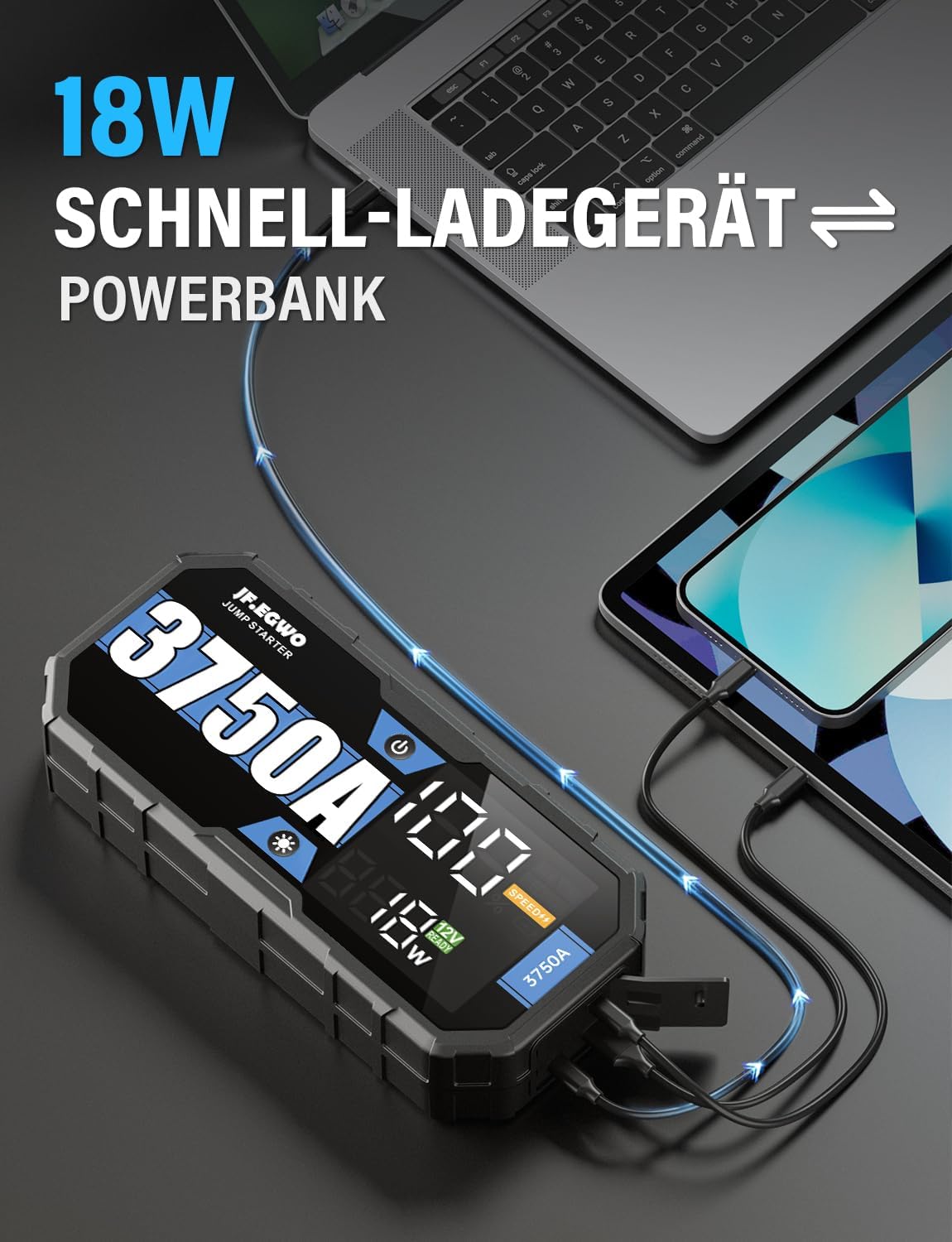 Jump starter connected via USB-C to charge a phone and laptop