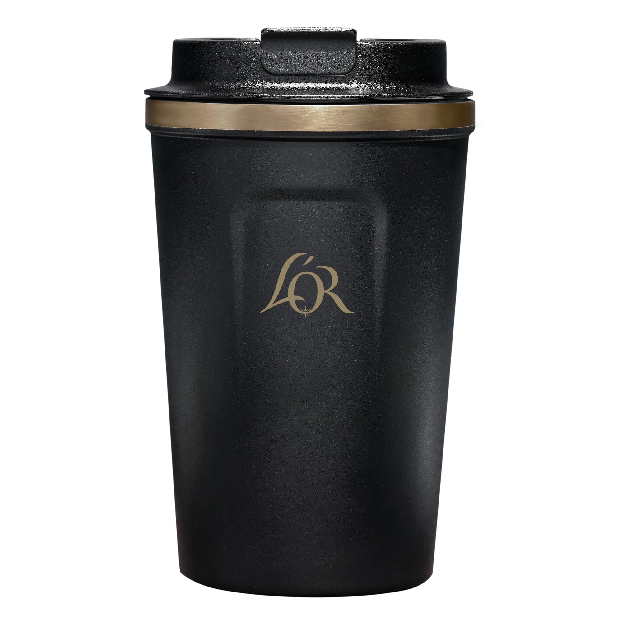 L'OR Travel Mug Black - 13.2 oz Stainless Steel Coffee Cup for Hot or Cold Beverages on the Go including Coffee, Espresso, Lattes, Cappuccinos - 1 Mug