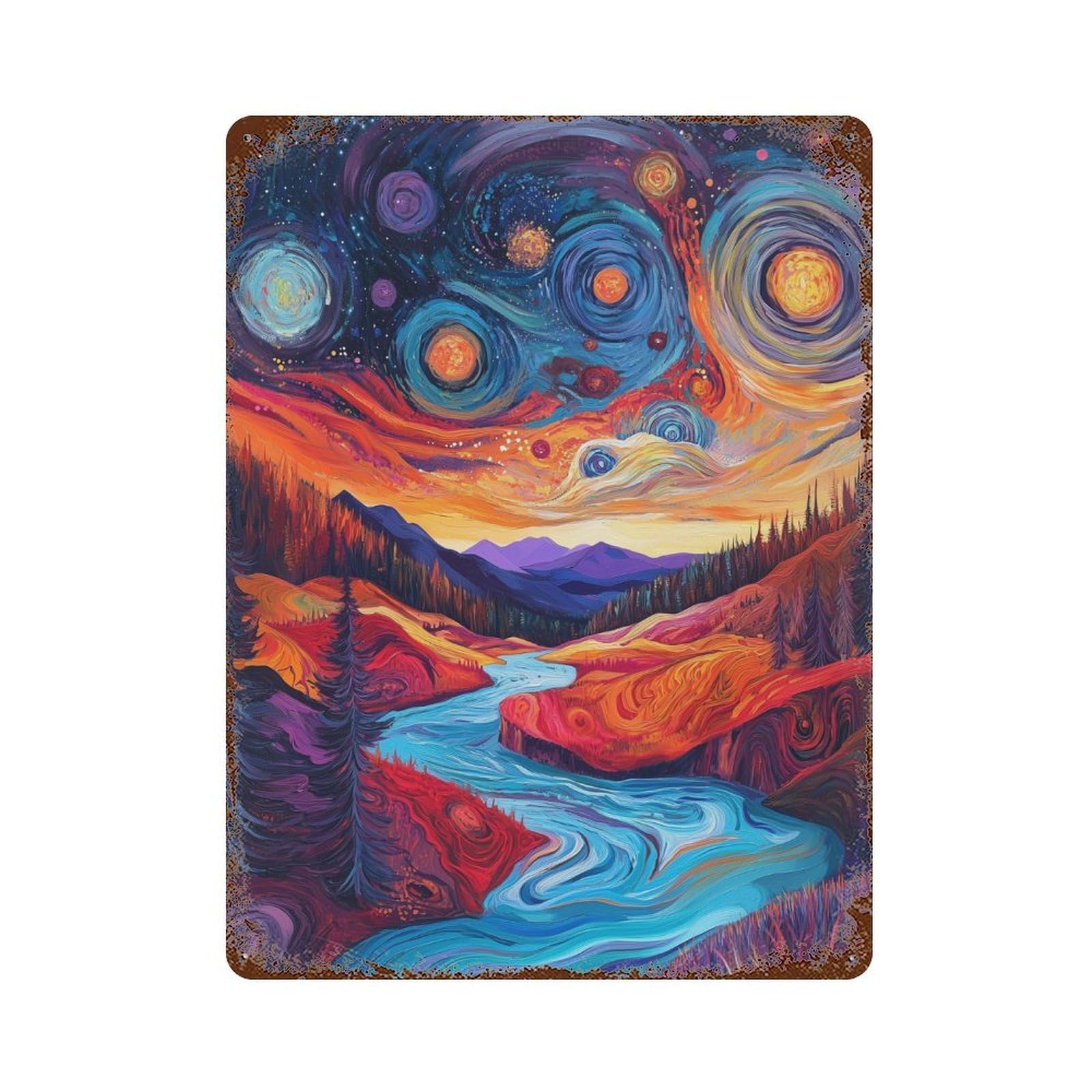 Garage Style Cosmic River Landscape Distressed Metal Wall Sign 15.7"x11.8", Shabby Chic Decor for Bar And Workshop