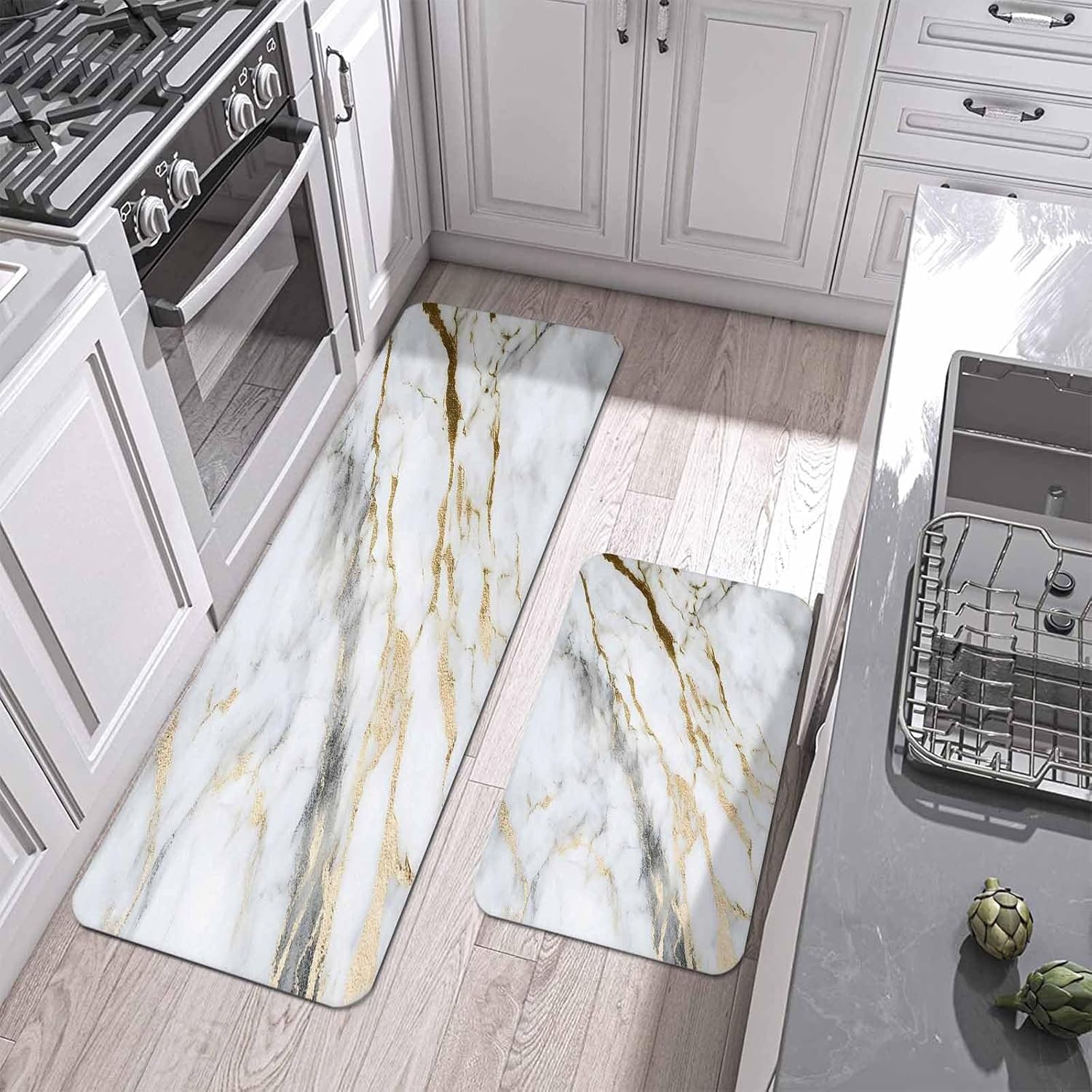 Prime Leader White Grey Gold Marble Kitchen Mat Set 2 Pieces Abstract Modern Cracked Stone Texture Non Slip Kitchen Rugs Washable Runner Rug Mats for Sink Laundry (15.7" x 23.6"+15.7" x 47.2")