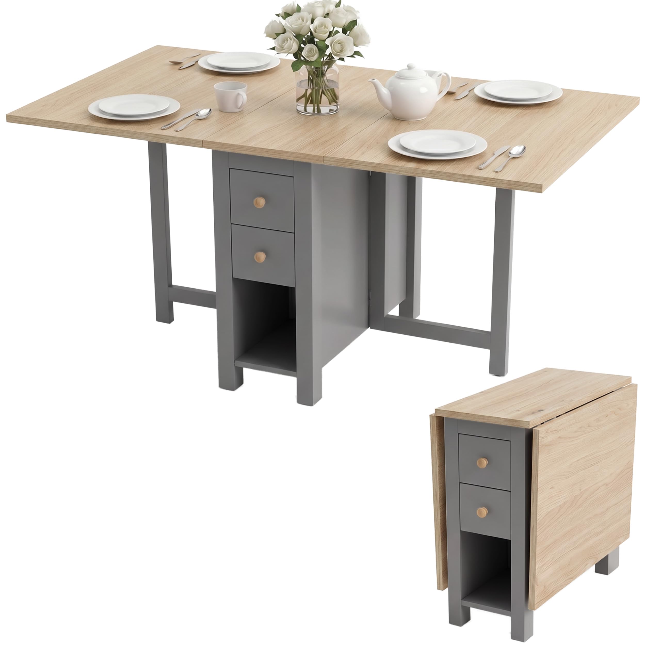Blisswood Folding Dining Table, 150cm Drop Leaf Table for 4–6 People, Painted Grey Extendable Dining Table with 2 Drawers & Storage Shelves, Space Saving Wooden Foldable Kitchen Table for Small Spaces