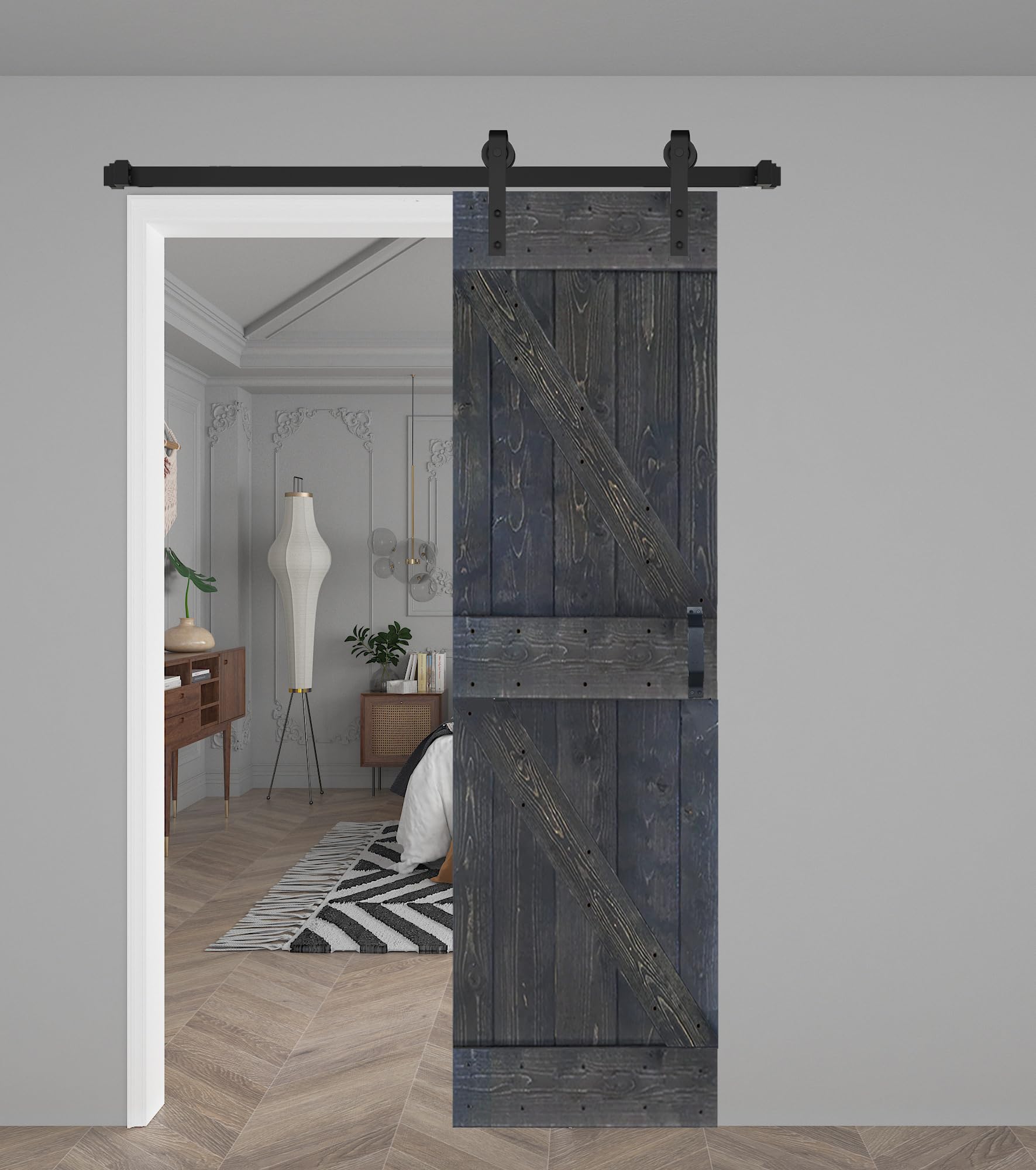 K Series 28in x 84in Carbon Gray Finished Solid Wood Barn Door with Hardware Track - Assembly Needed