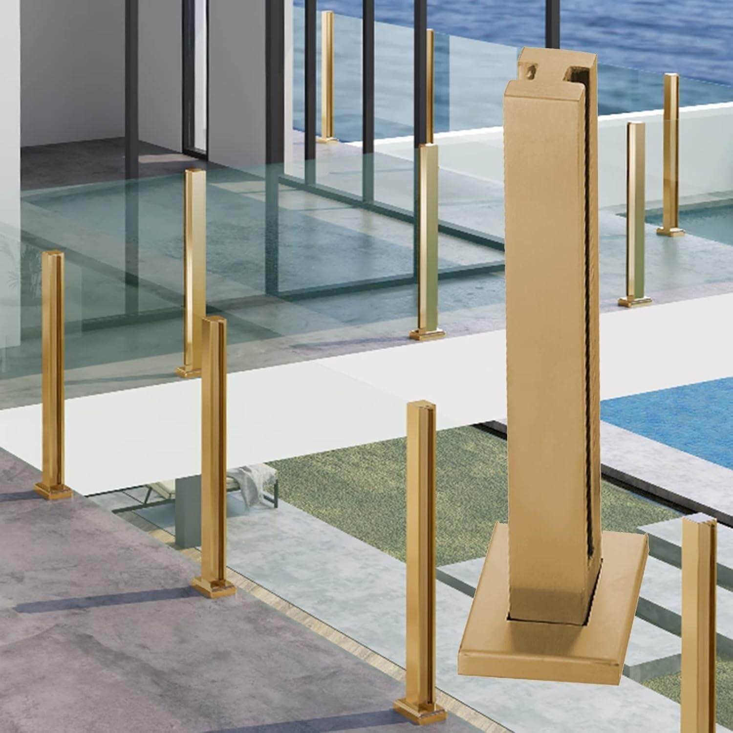 Balaustres de acero inoxidable cuadrados dorados para soporte de vidrio seguro en terrazas
