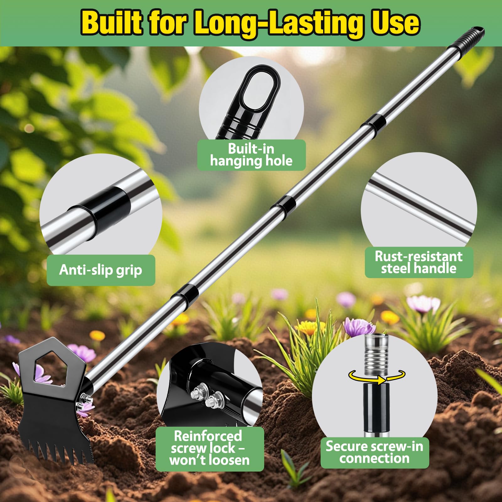 Weed Puller Tool with Long Handle, 2 in 1 Garden Hoe & Weeding Rake, Heavy Duty Weed Remover for Garden, Lawn & Flower Beds — view 5