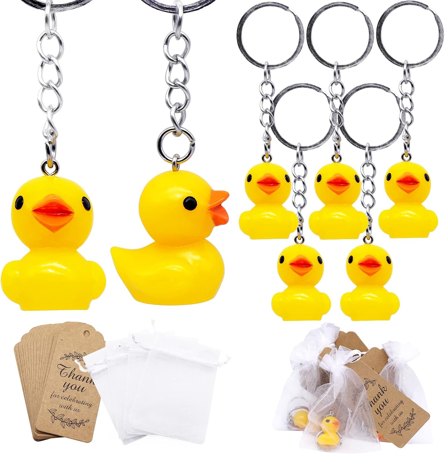 sunny seat Cute 3D Duck Keychain Birthday Party Favors 24 Sets Goodie Gifts with Thank You Kraft Tags And White Gift Bags For Kid Birthday Party Supplies Give Away