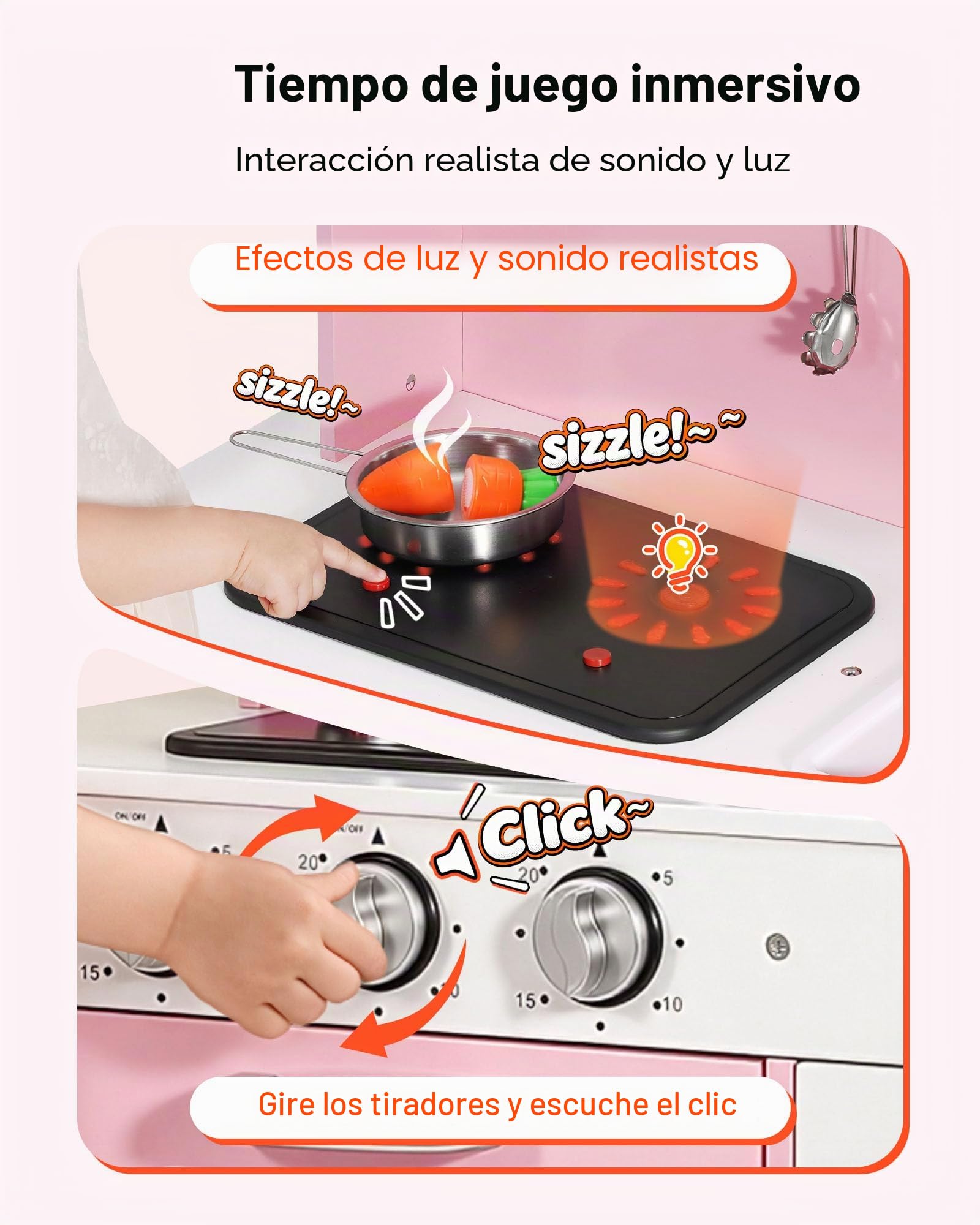 VEVOR Cocina de Juguete para Niños de 3 a 8 Años, Cocinita Infantil de Madera con Luces y Sonidos, Zonas Interactivas, Fregadero, Microondas, Accesorios, Juego de Cocina con Almacenamiento, Color Rosa