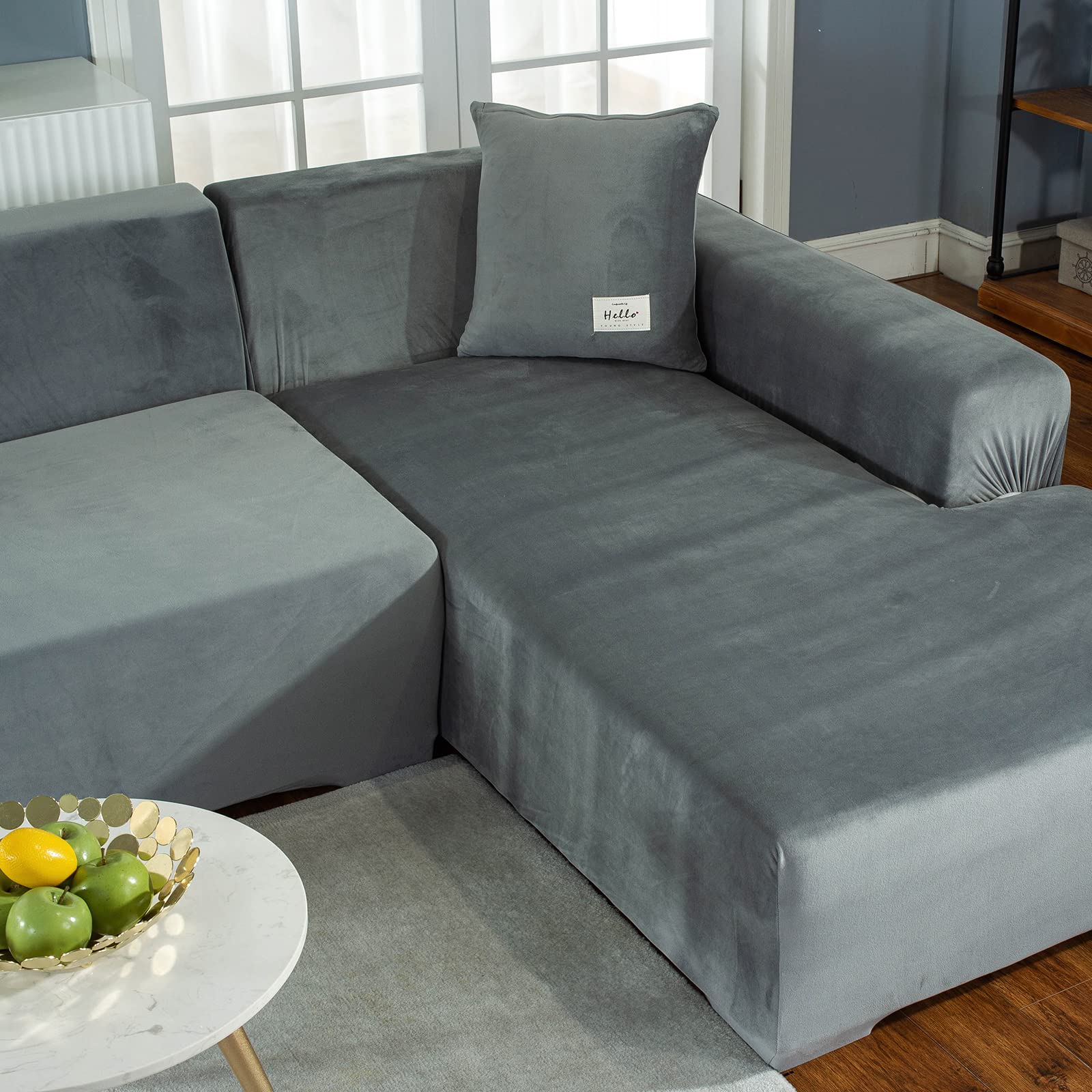 GKXLH Housse de canapé 3 places en forme de L en velours doux pour canapé 3 places + 4 housses de coussin pour canapé sectionnel en forme de L (gris, 3 + 3 places)