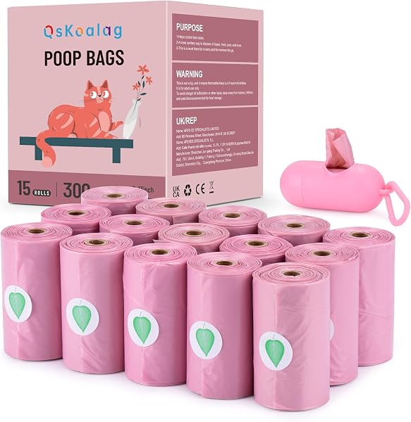 Biodegradable Pink Dog Poo Bags Lavender scent with Dispenser - 300 Large Poop Bags, Extra Thicken Strong Corn Starch Blended Compostable Leak Proof Poop Waste Bag for Dogs - 1