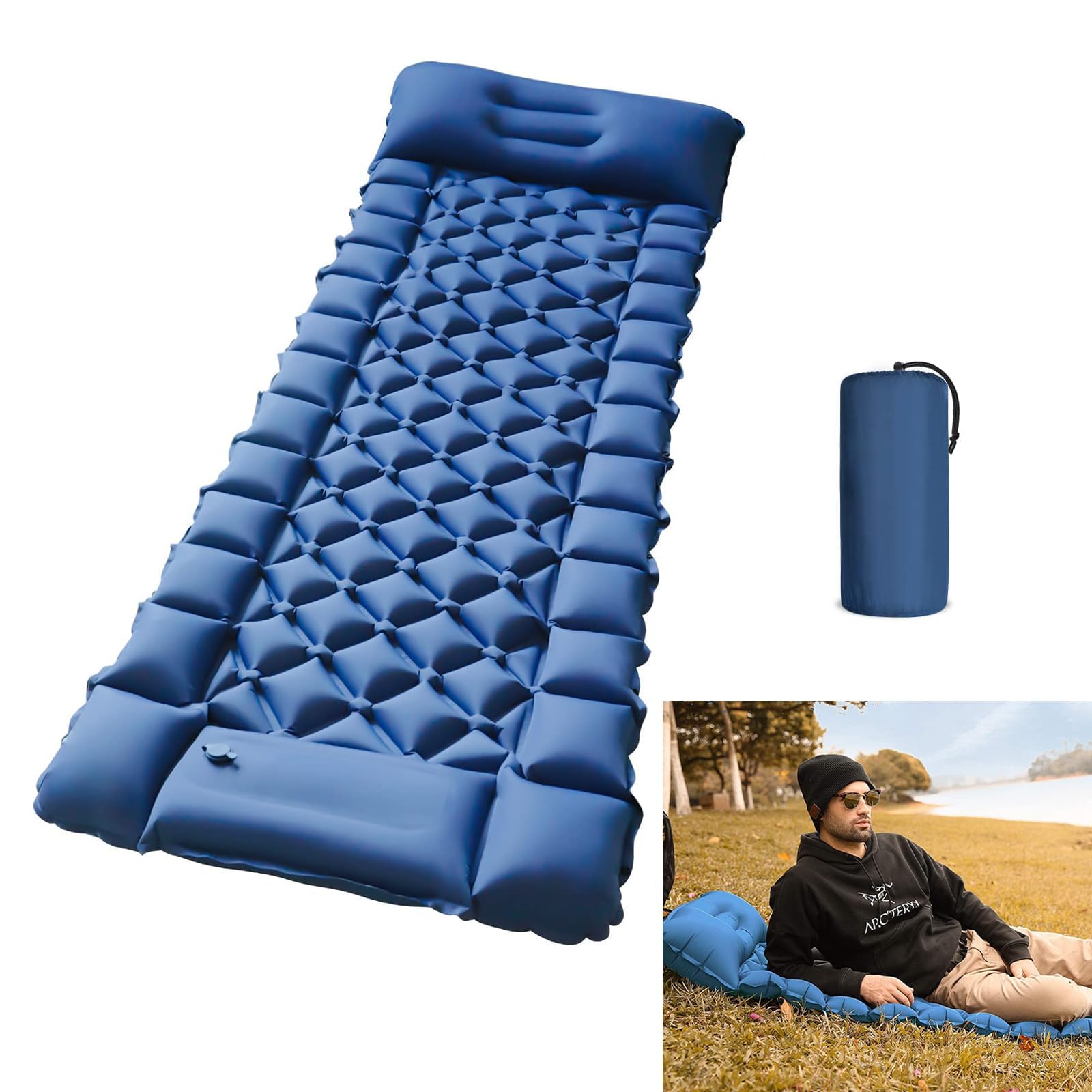 Aputue Camping Sleeping Pad, 192×60×6cm Durable Waterproof Camping Mattress with Pillow and Built-in Pump, Ultralight Inflatable Camping Pad, Compact Sleeping Pad for Camping, Hiking, Traveling