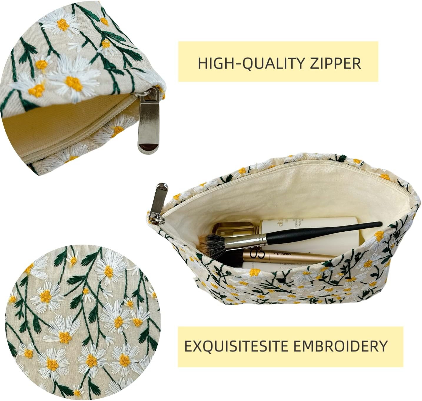 2 Pcs Makeup Bags, Large Cosmetic Bag Travel Toiletry Bag Organizer for Women, Embroidery Craft, Floral Makeup Bag Small Cosmetic Pouch Purse with Zipper Gifts for Girls Teen - Image 3