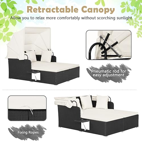 Miniatura 5 de Tangkula Patiojoy - Sofá cama de mimbre con toldo retráctil 2 paneles laterales plegables cojines gruesos para asiento y respaldo cama de