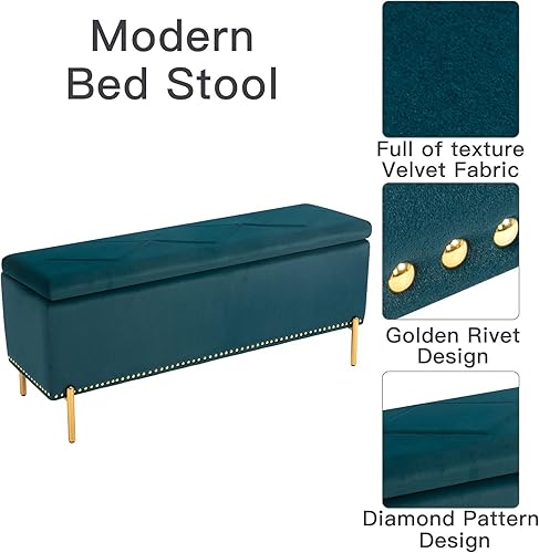 Miniatura 6 de ATTICA Otomana tapizada de terciopelo de 42 pulgadas y banco de pasillo de entrada reposapiés con patas doradas bancos otomanos de almacenamiento