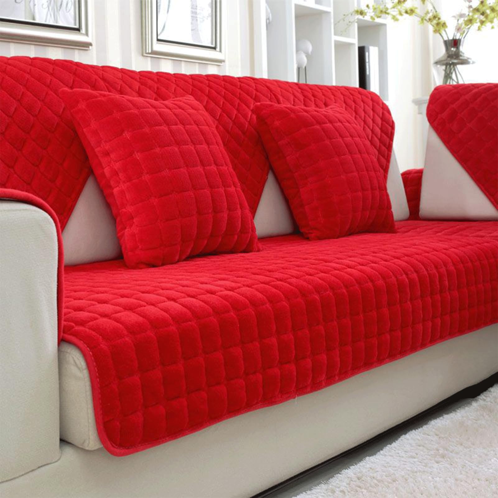 Velvet Sofa Cover 1 2 3 4 Seater, Dog Cat Sofa Protector Anti-Slip Couch Cover L Shape, Soft Sofa Cover Corner Sofa Sofa Protective Cover with Non-slip Base,Red,70x70cm