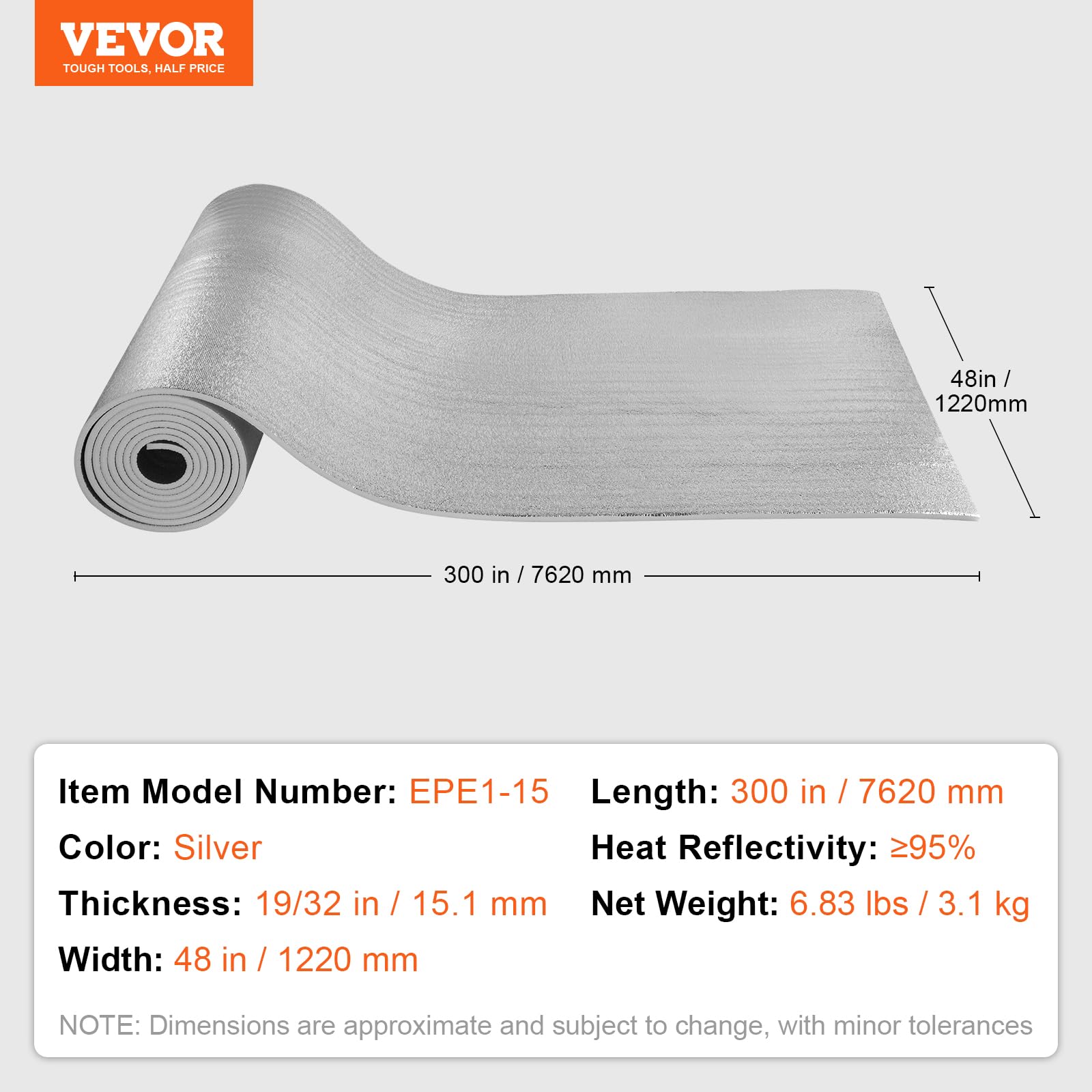 VEVOR Aislamiento Térmico Reflectante Doble Rollo de Aislamiento Barrera Radiante 7,62x1,22 m Núcleo de Espuma EPE Grosor de 15,1 mm Lámina de Aluminio de Doble Cara para Ventana, Techo de RV