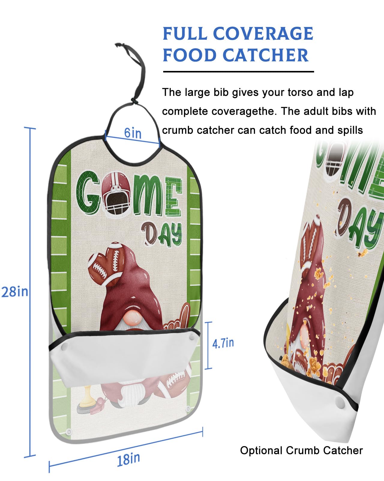 Football Game Day Adult Bibs for Eating, Waterproof Bibs with Food Catcher & Adjustable Snap Closure, Brown Rugby Gnomes Teal Striped Washable Clothing Protectors Adult Bibs for Elderly Women/Men