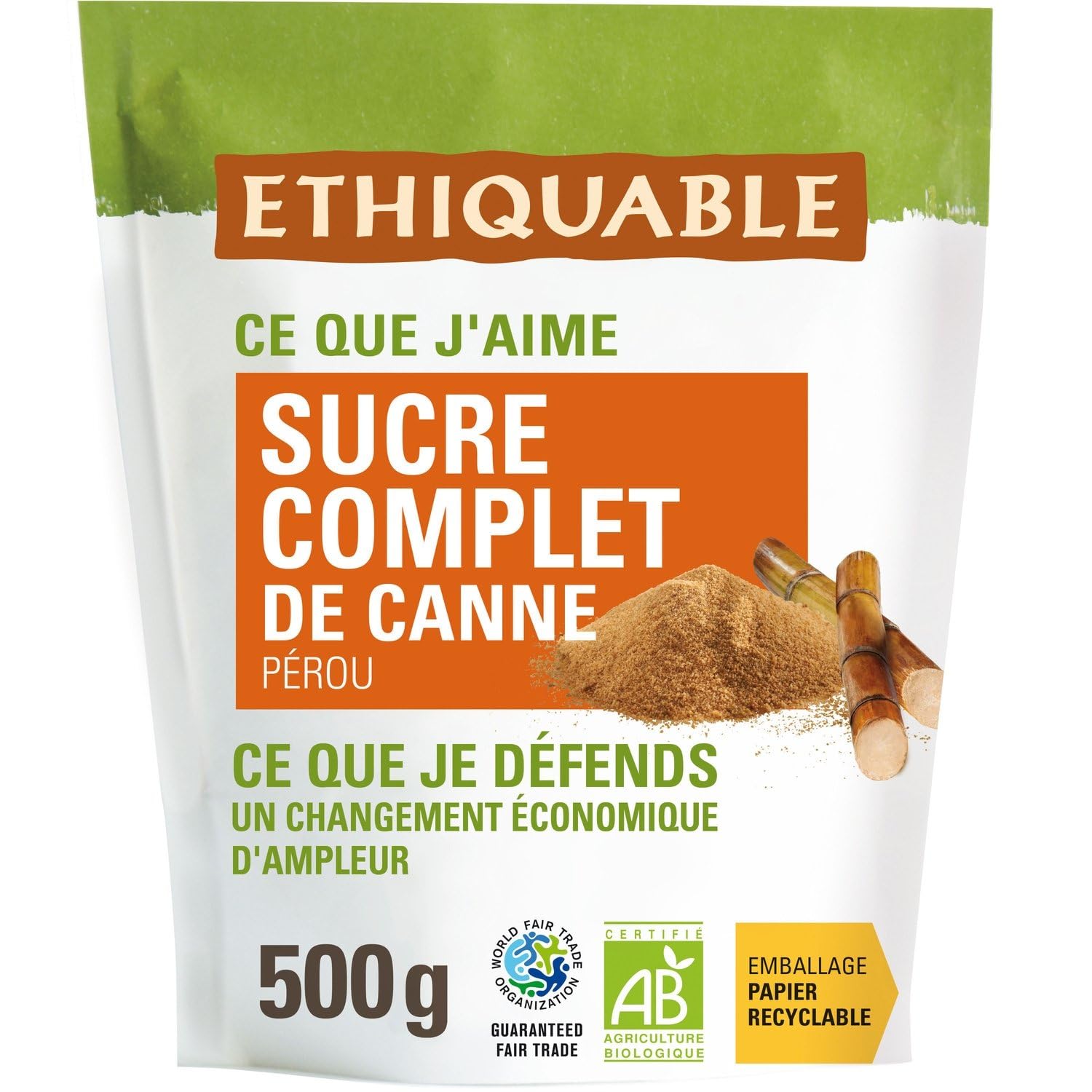 ETHIQUABLE – Sucre Complet Bio du Pérou, Douceur Naturelle au Goût Raffiné (Sachet 500g) - Lot de 4 - vendu par Lot