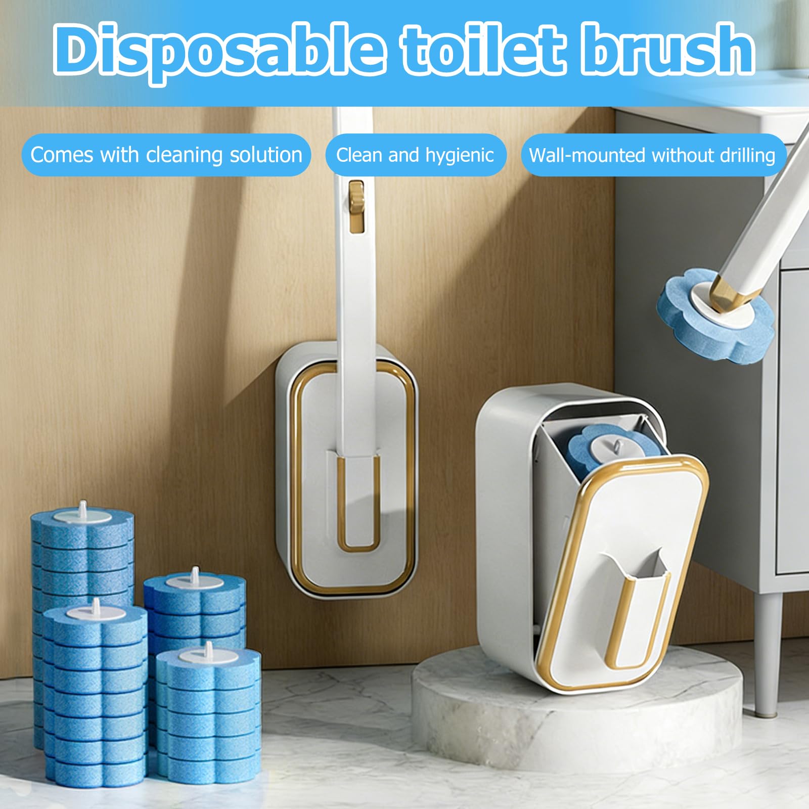 Toilet Wand Kit, Disposable Toilet Brush with 60 Refills, Blue, 5.5cm - Image 6