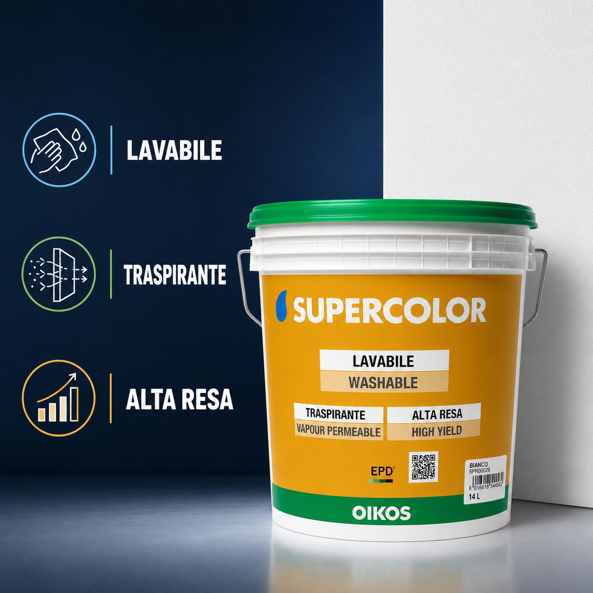 Oikos – Supercolor Pittura Opaca Bianca per Interni – 14 L – 6PR00029