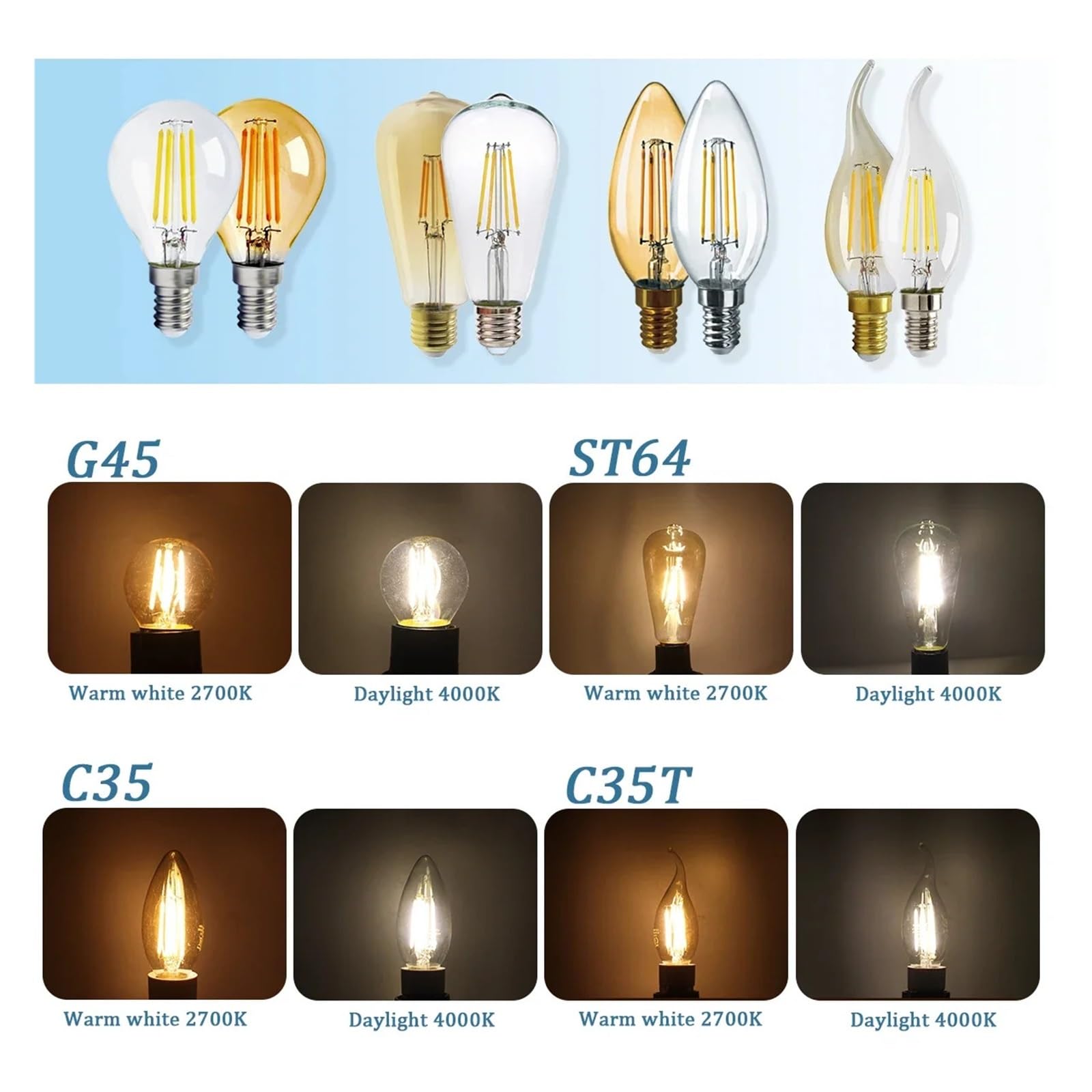 Genérico Bombillas de filamento LED E14 E27 6 piezas en lámparas retro G80/G95/G125-4W/9W, 220V, 2200K 3000K 4000K